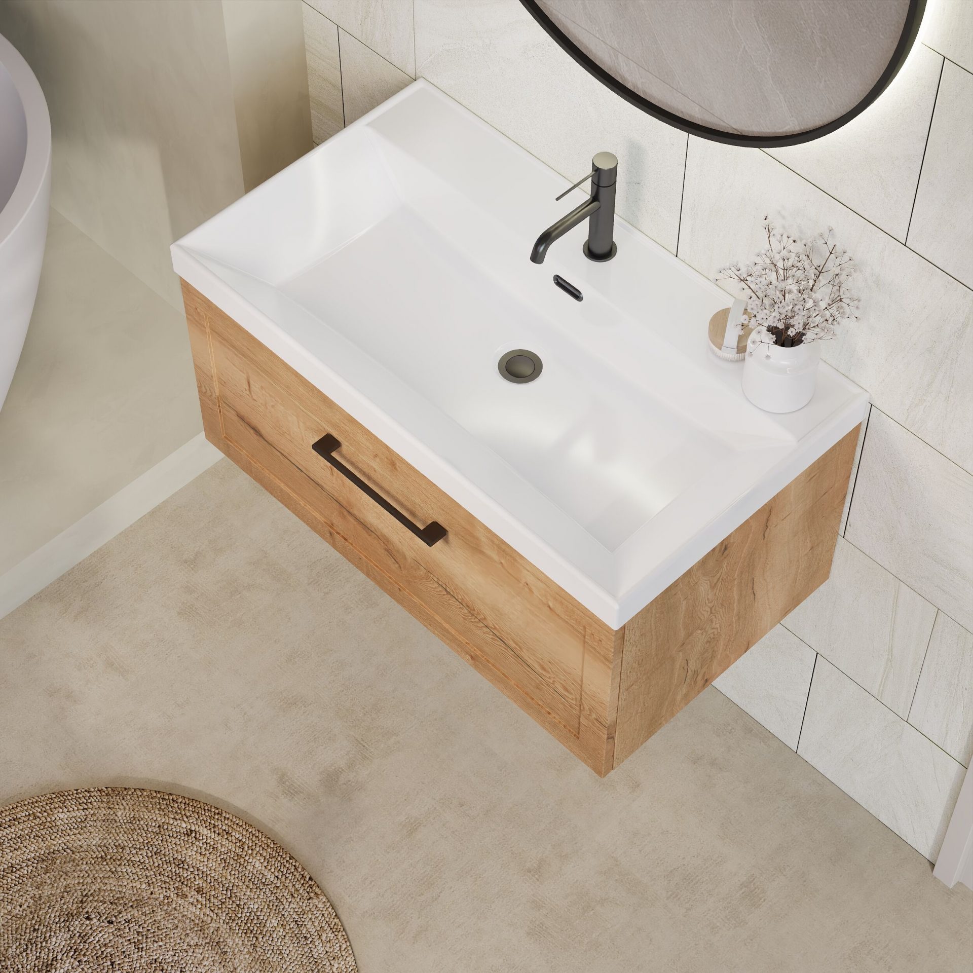 Nuie Lux Larck 800mm 1 Drawer Wall Hung Vanity Unit – Autumn Oak