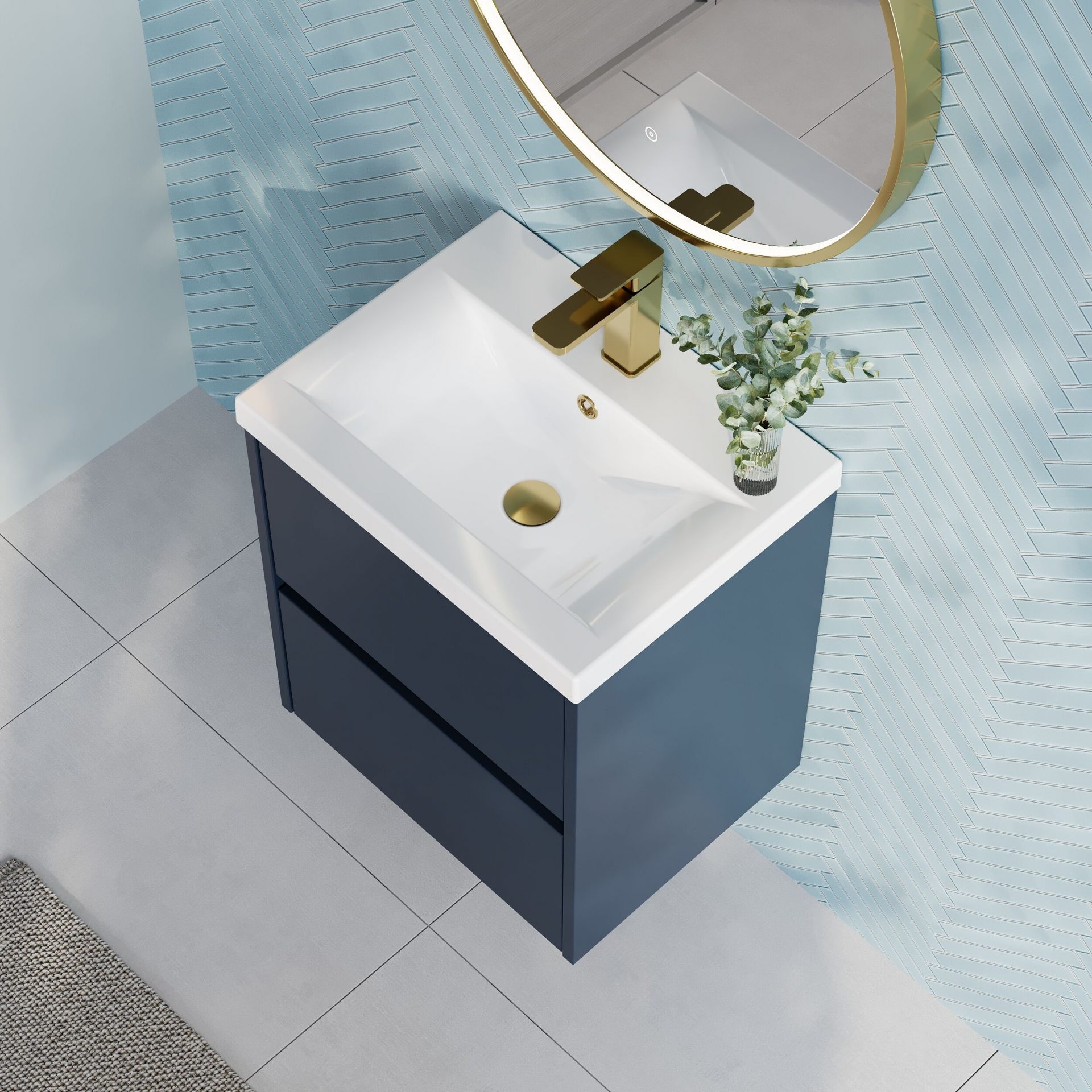 Nuie Havana 500mm 2 Drawer Wall Hung Unit & Mid Edge Basin – Midnight Blue
