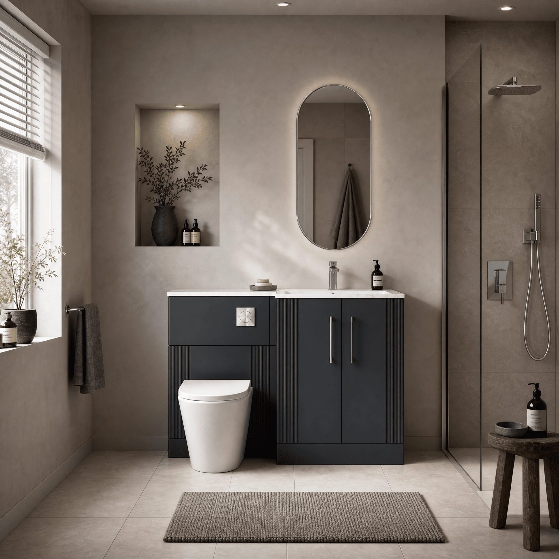 Nuie Deco 1100mm 2 Door Floor Standing Combination Unit with Carrara Marble Basin – Soft Black