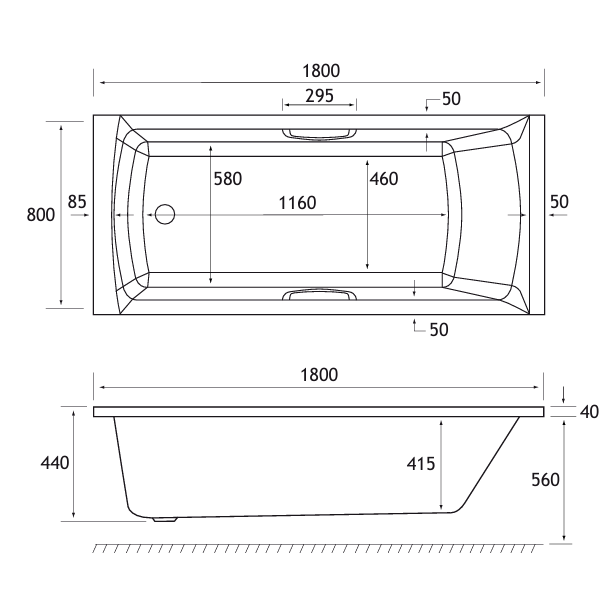 Eastbrook Ultra Strong Beauforte Rockall Single Ended Twin Grip Bath 1800x800mm