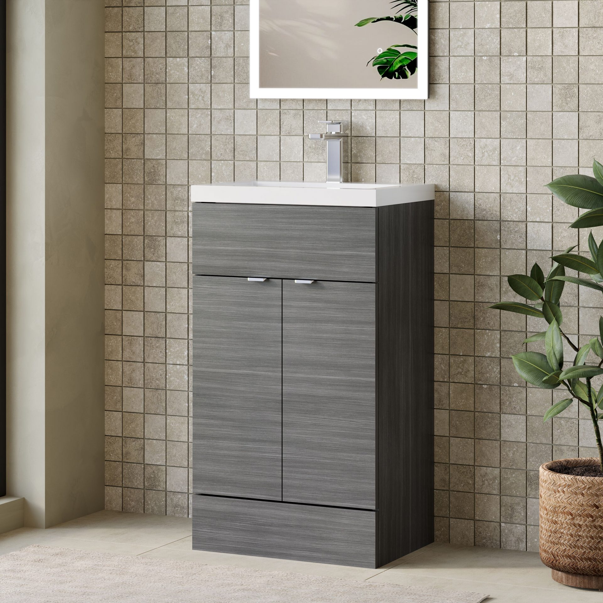 Hudson Reed Fusion Full Depth 500mm 2 Door Floor Standing Vanity Unit – Anthracite Woodgrain