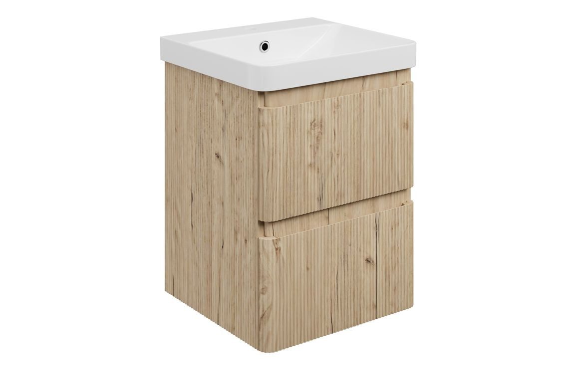 MyBathrooms Clara Fluted 500mm 2 Drawer Wall Hung Unit & 1TH Basin – Textured Oak