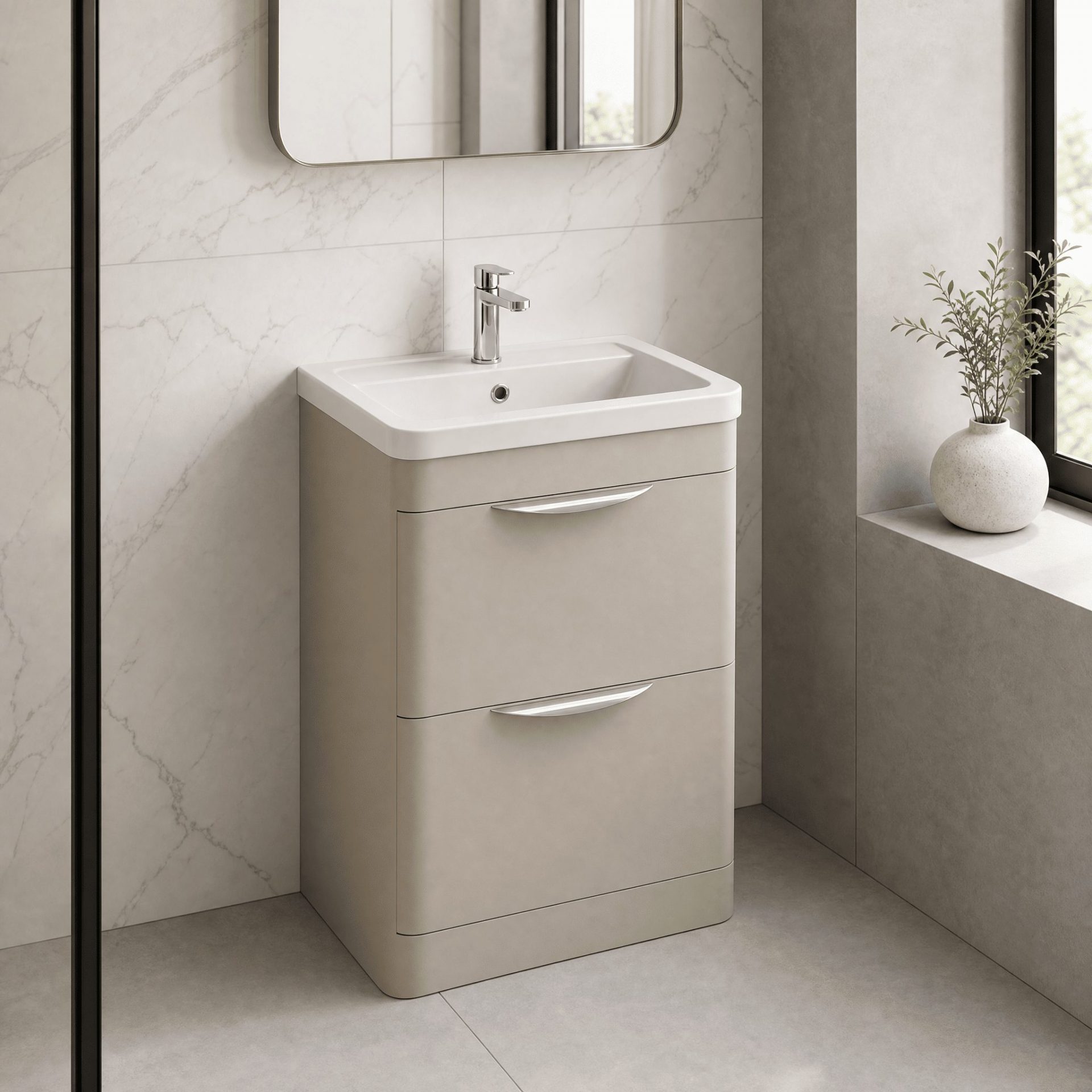 Nuie Parade 600mm 2 Drawer Floorstanding Vanity Unit & Ceramic Basin – Pebble Grey