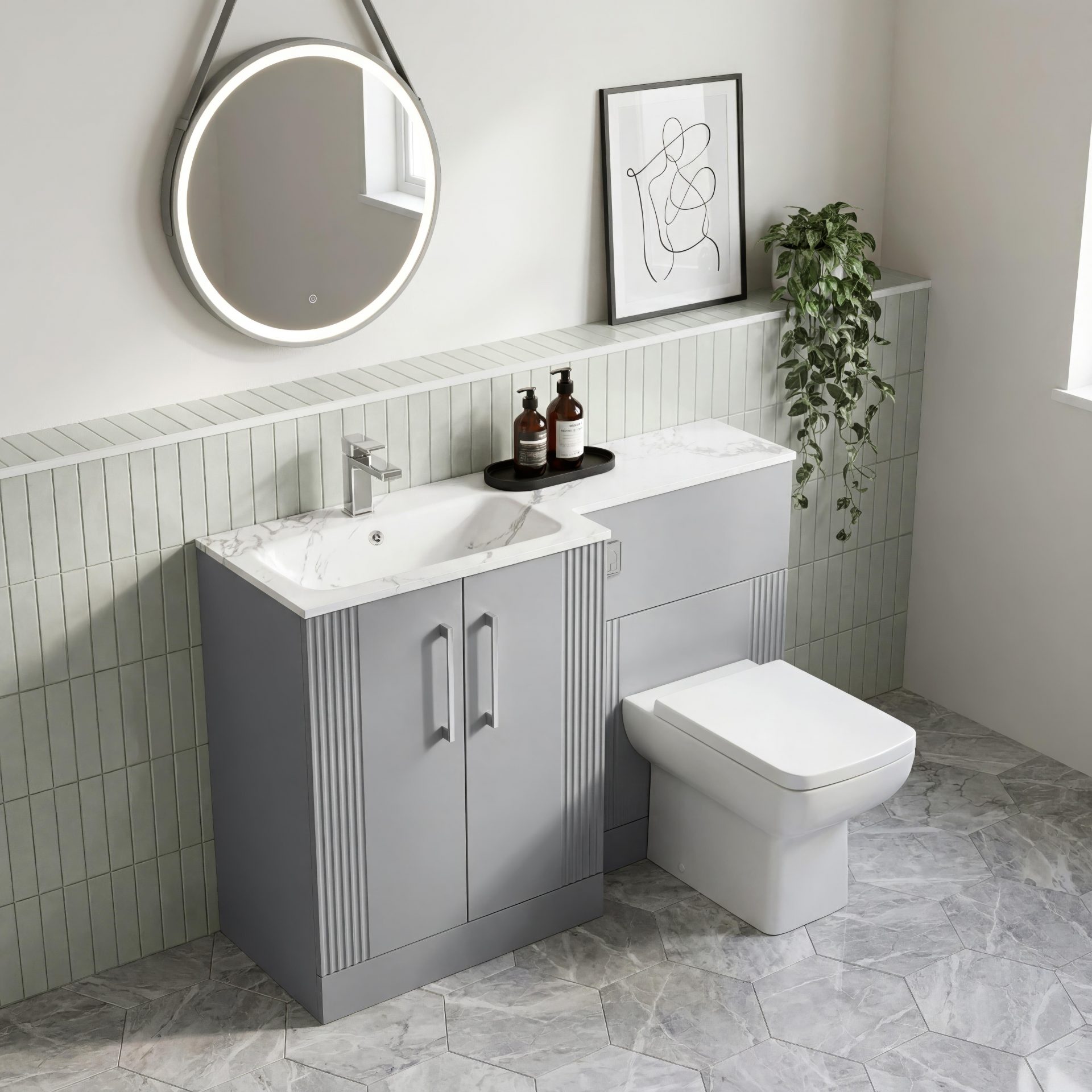 Nuie Deco 1100mm 2 Door Floor Standing Combination Unit with Carrara Marble Basin – Satin Grey