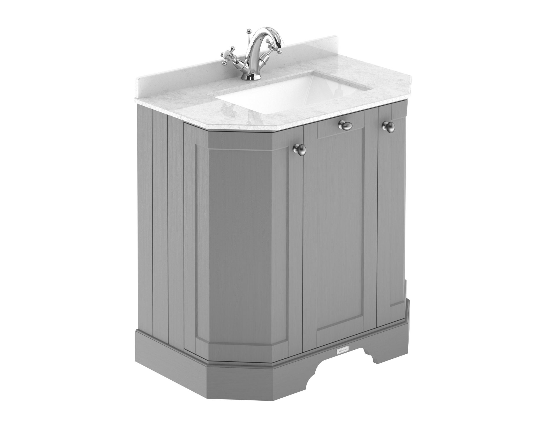 Old London 750mm 3 Door Floor Standing Angled Vanity Unit & White Marble Basin – Storm Grey