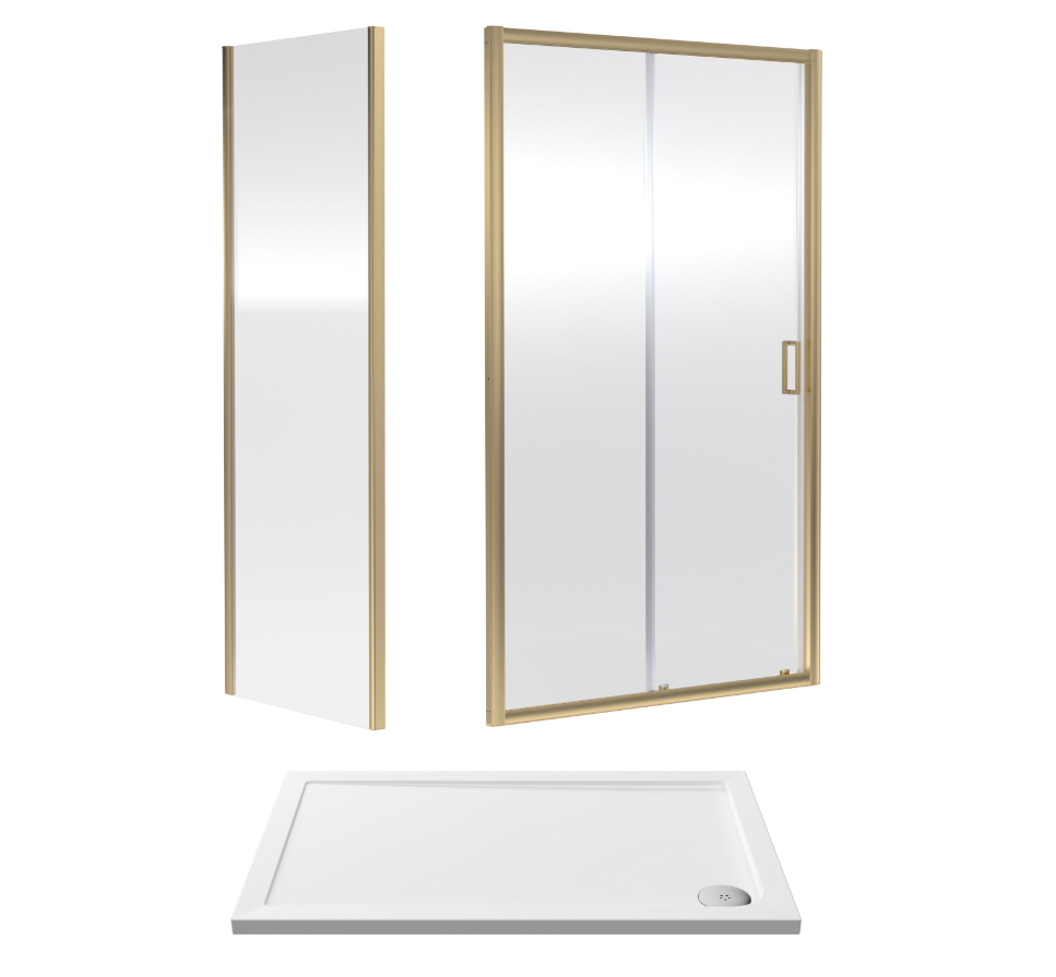 1200 x 760mm Brushed Brass Single Sliding Shower Enclosure With White Tray
