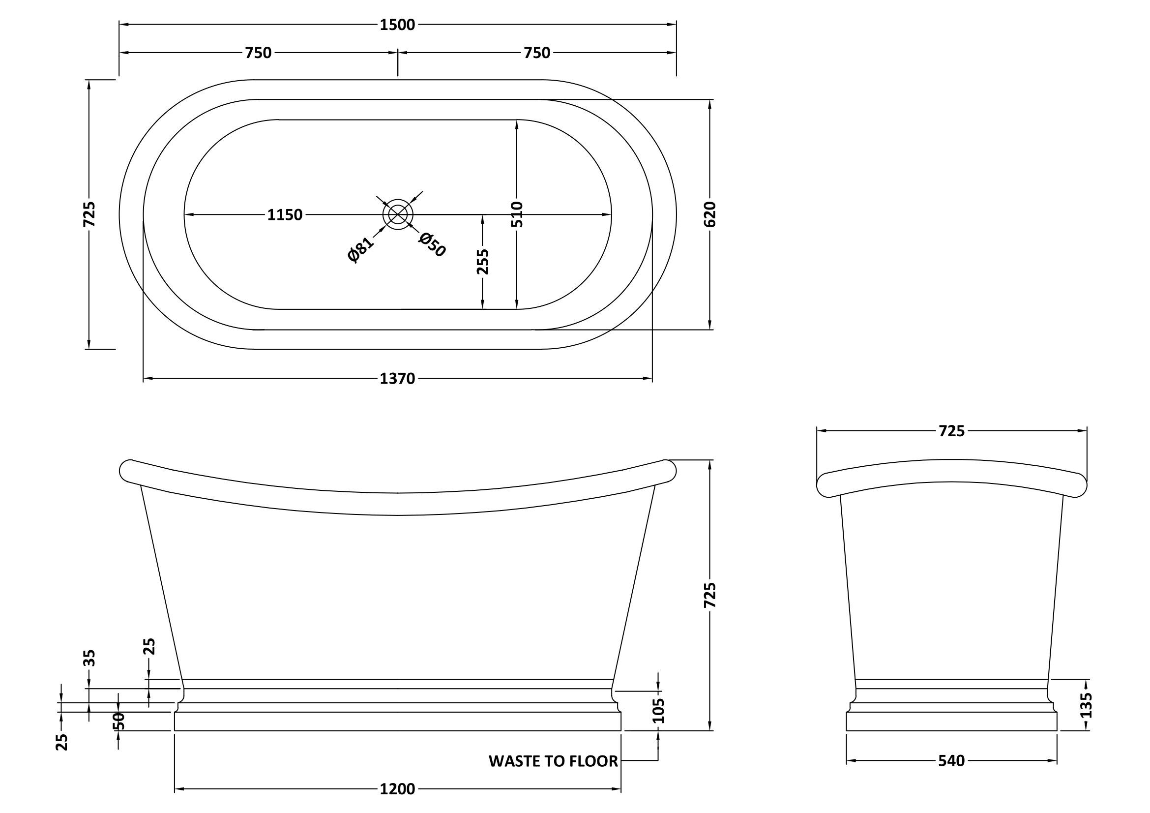BC Designs Inner 1500mm Copper Nickel Boat Freestanding Bath