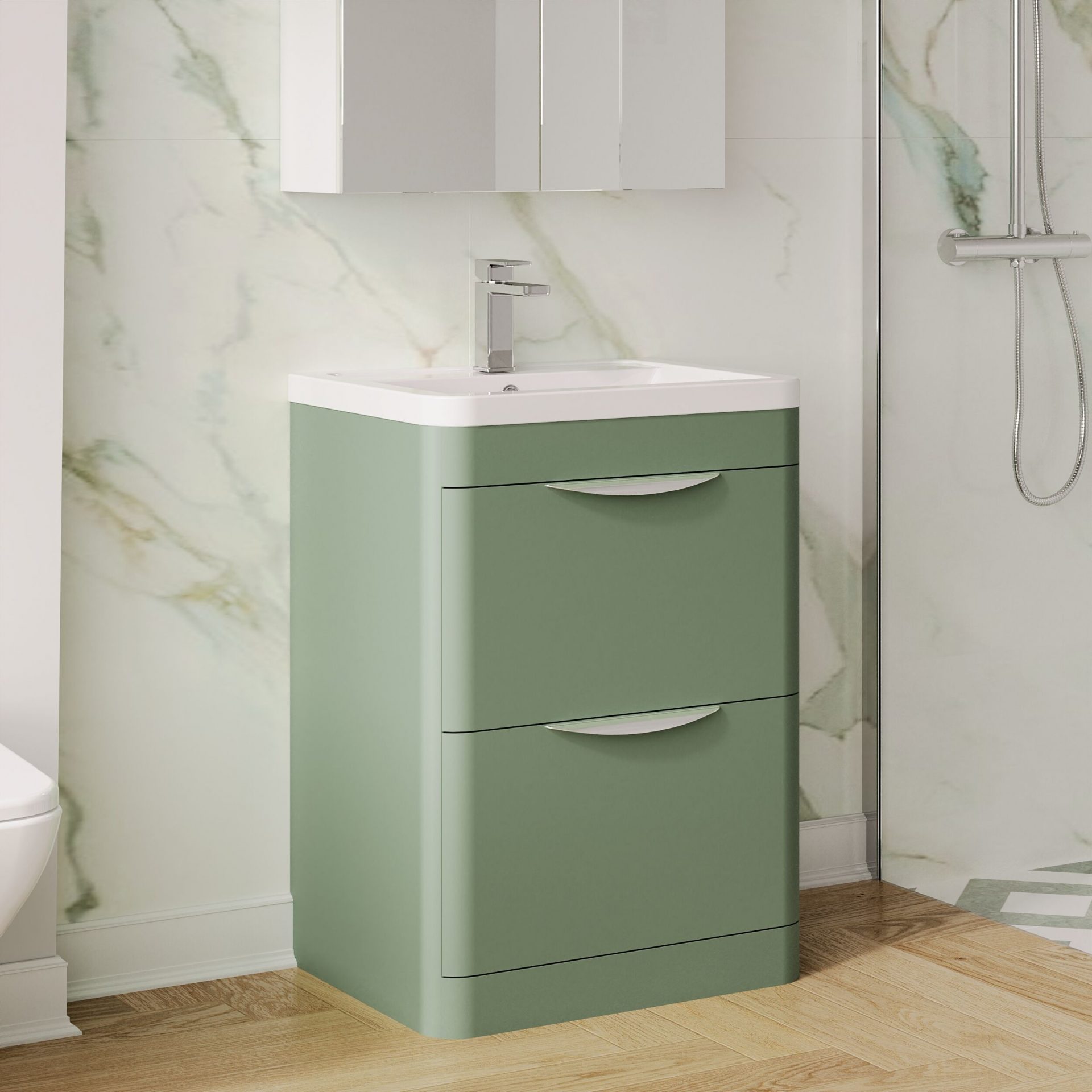 Nuie Parade 600mm 2 Drawer Floorstanding Vanity Unit & Ceramic Basin – Satin Green