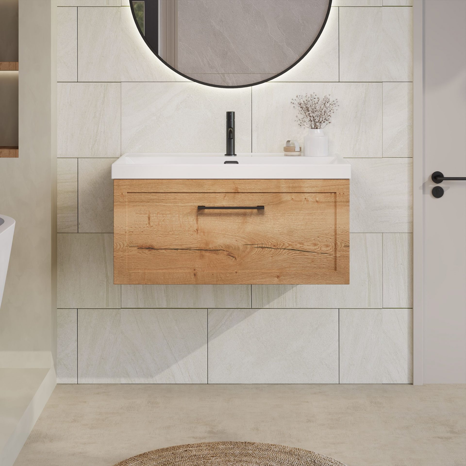 Nuie Lux Larck 800mm 1 Drawer Wall Hung Vanity Unit – Autumn Oak