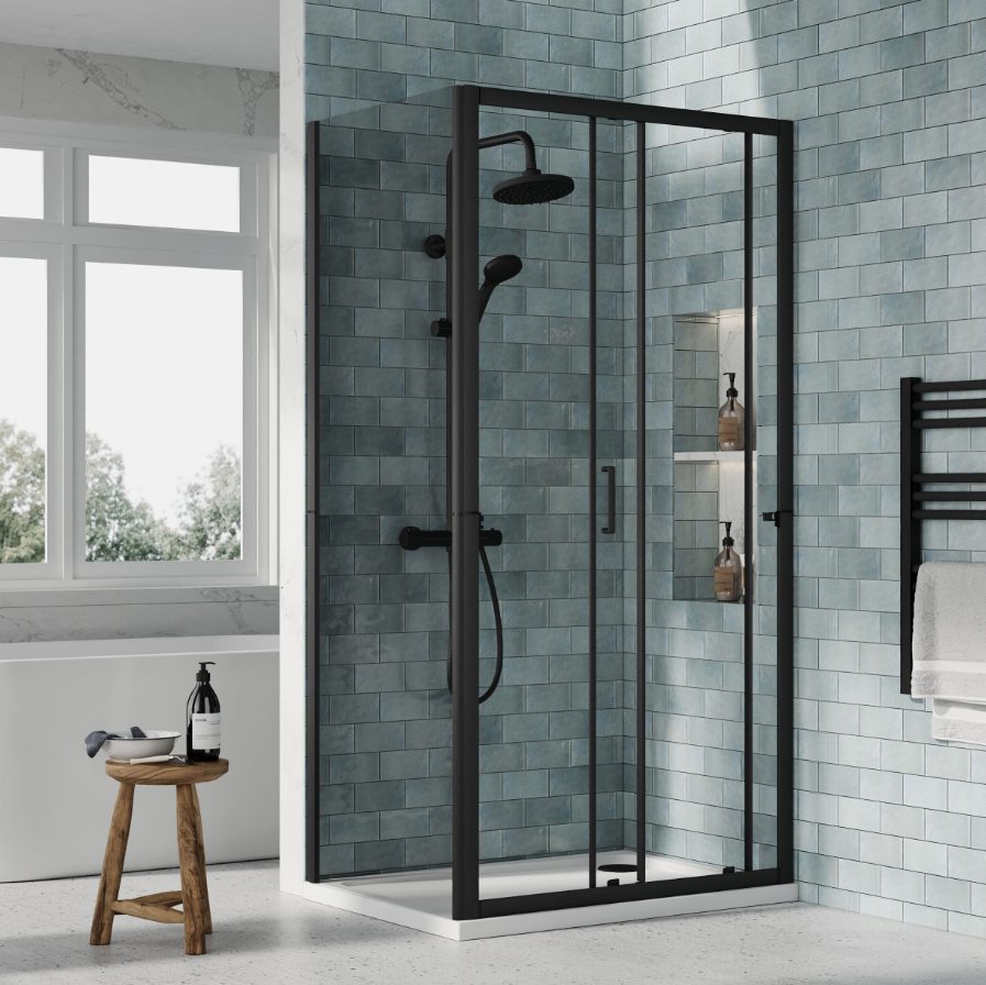 1000 x 700mm Matt Black Single Sliding Door Shower Enclosure With White Tray