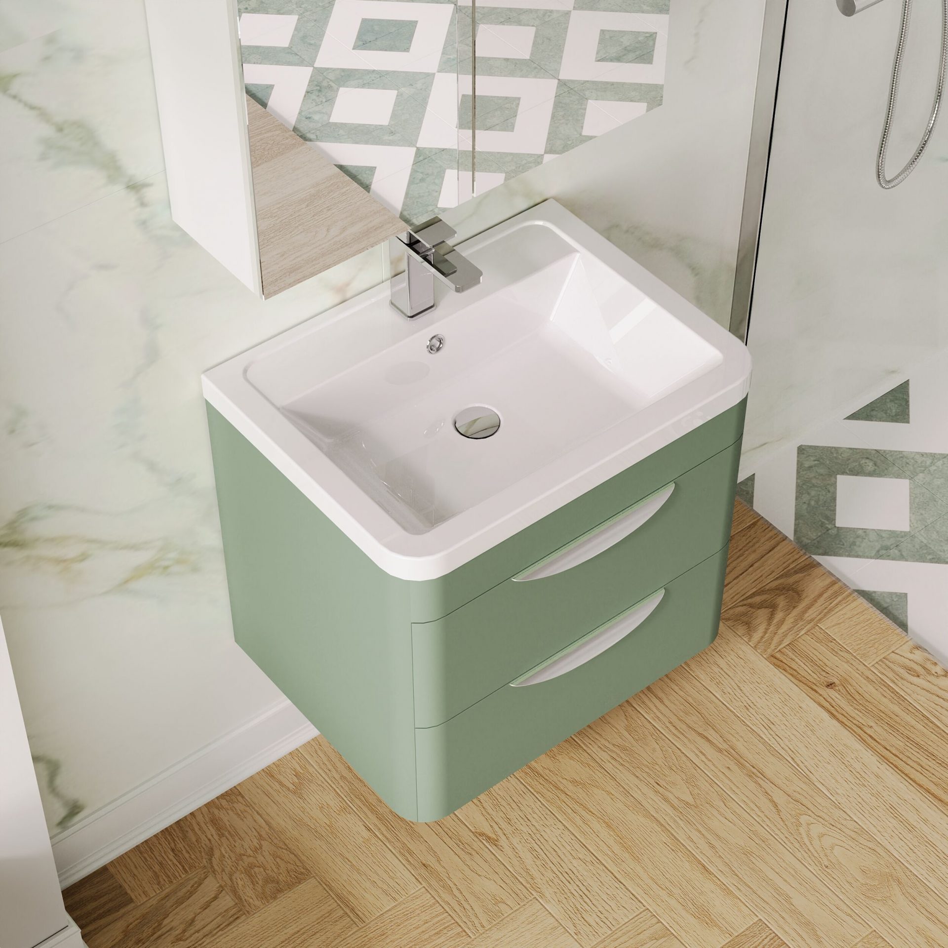 Nuie Parade 600mm 2 Drawer Wall Hung Vanity Unit & Ceramic Basin – Satin Green