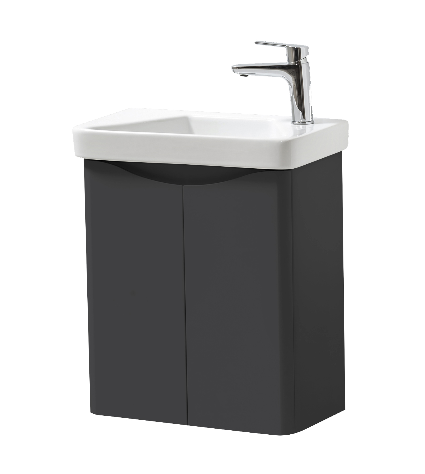 Arc 500mm 2 Door Cloakroom Wall Mounted Unit & Ceramic Basin – Matt Graphite