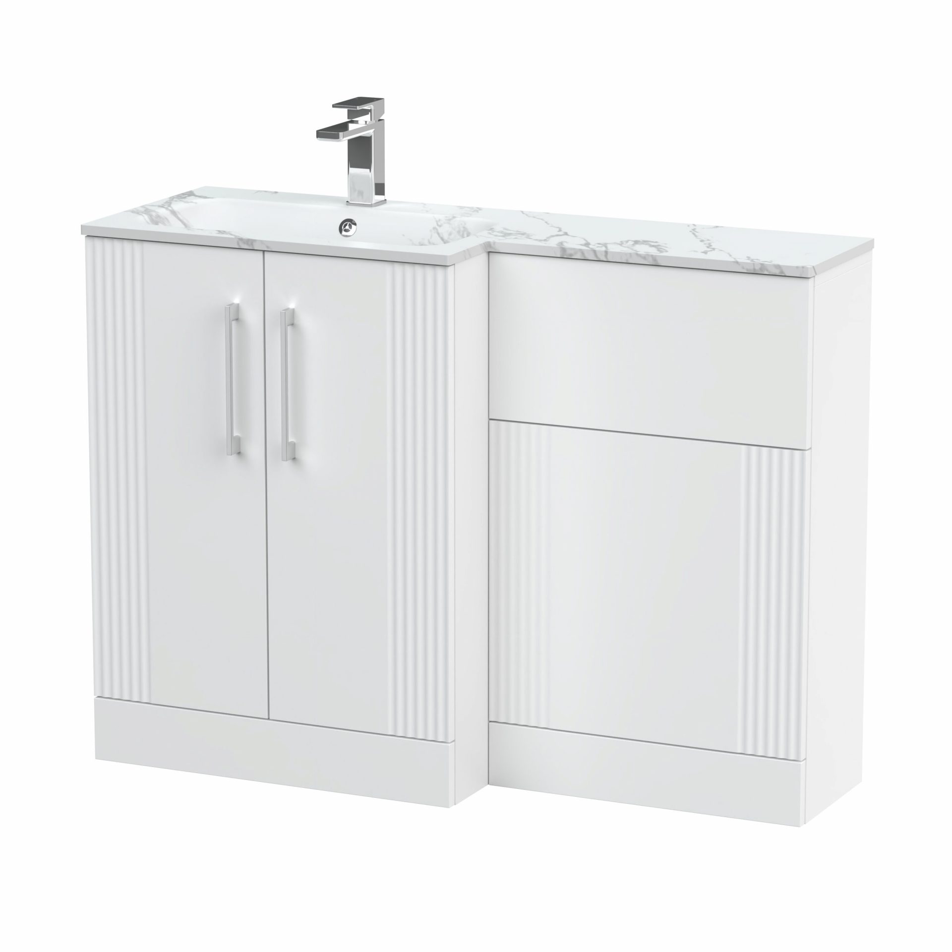 Nuie Deco 1100mm 2 Door Floor Standing Combination Unit with Carrara Marble Basin – Satin White
