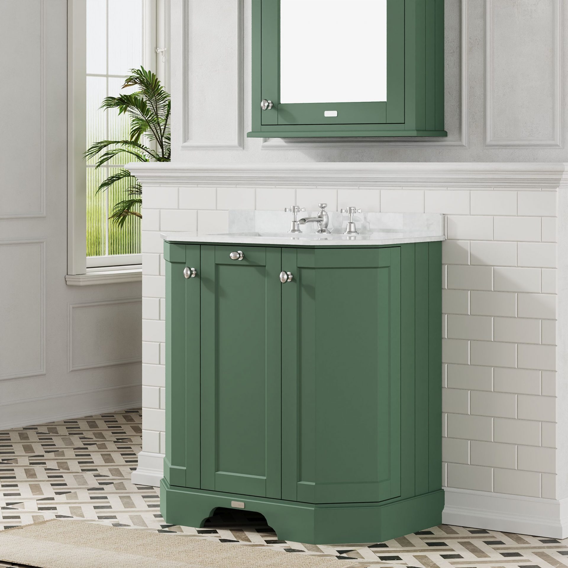 Old London 750mm 3 Door Floor Standing Angled Vanity Unit & White Marble Basin – Hunter Green