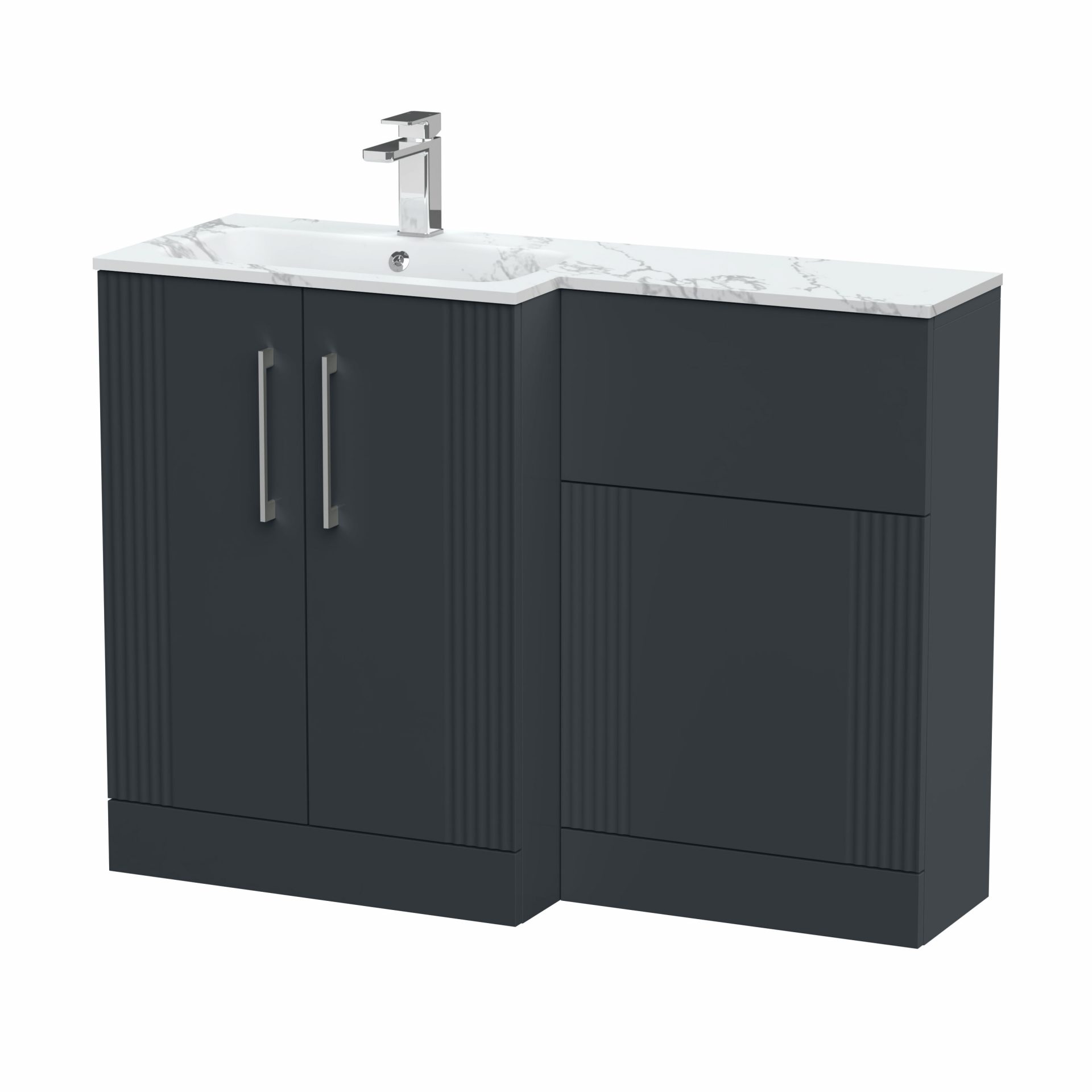 Nuie Deco 1100mm 2 Door Floor Standing Combination Unit with Carrara Marble Basin – Soft Black