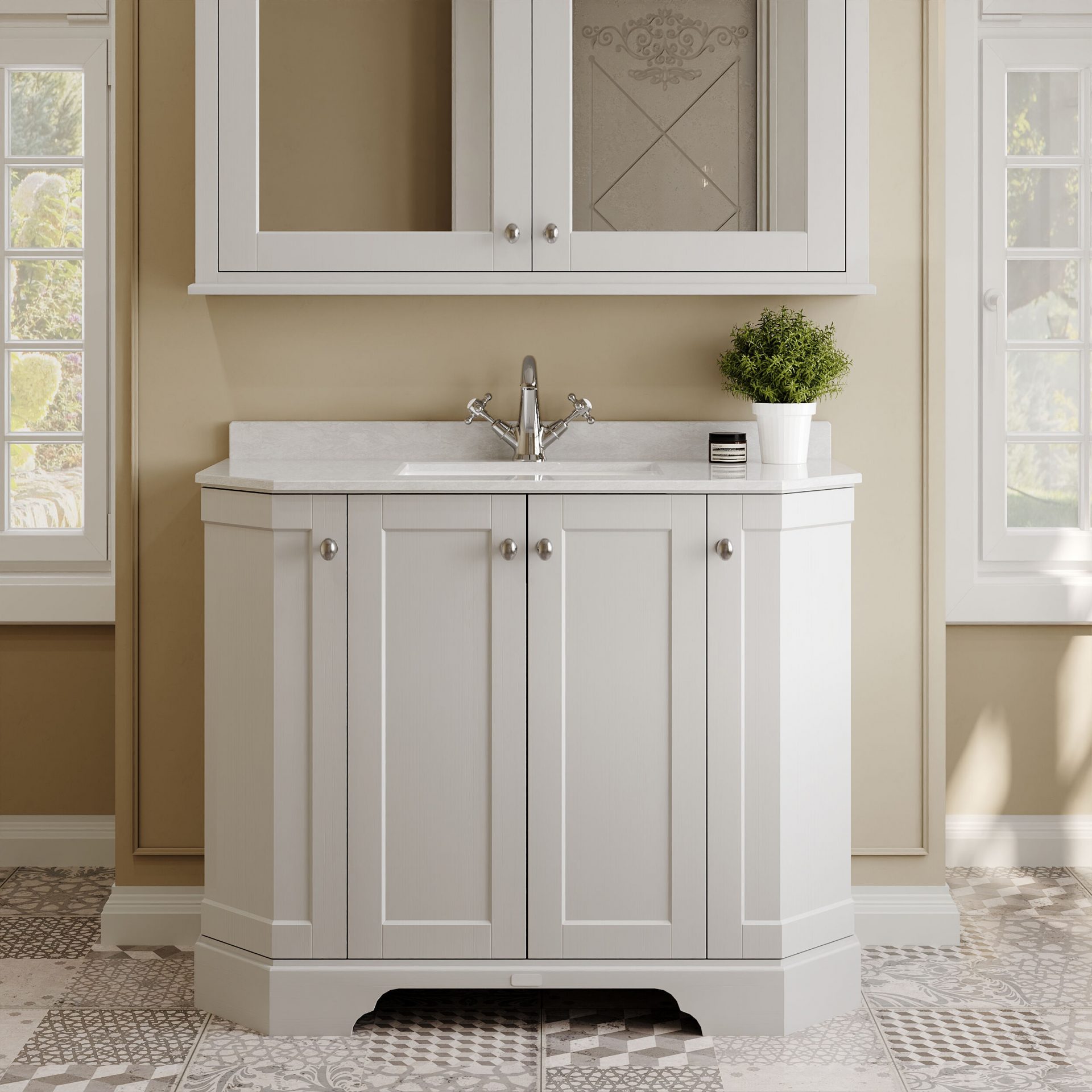 Old London 1000mm 4 Door Floor Standing Angled Vanity Unit & White Marble Basin – Timeless Sand