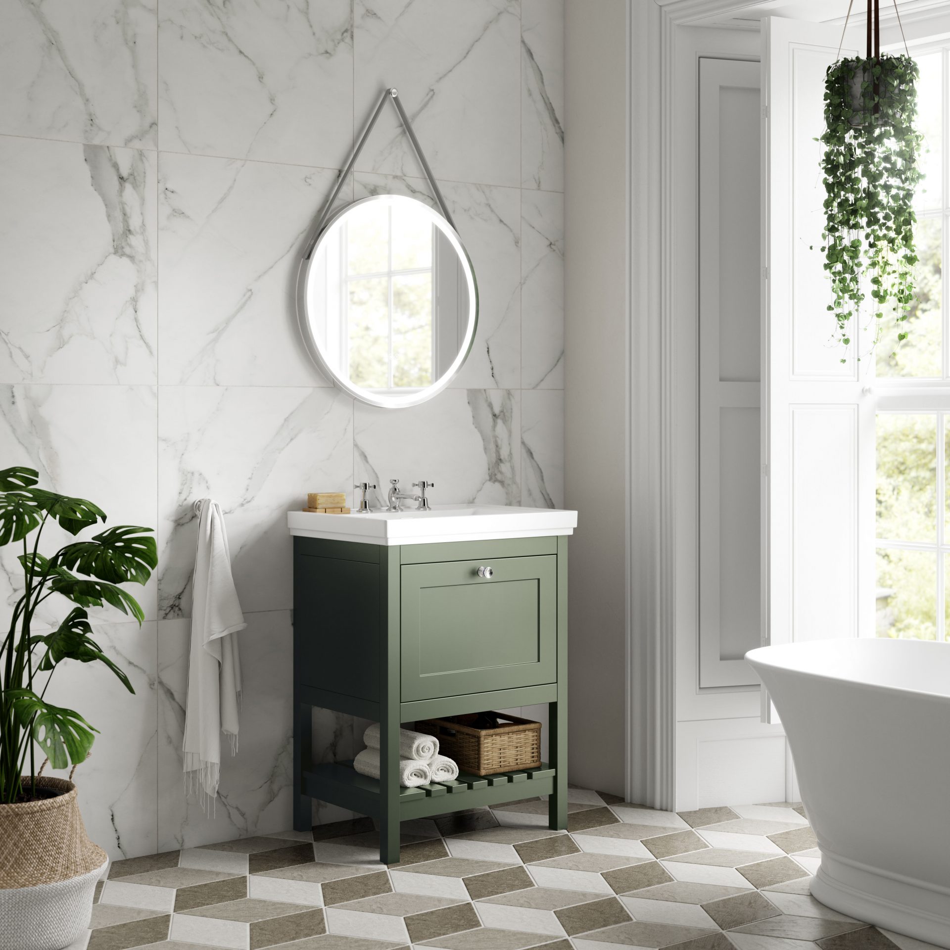 Old London Bexley 800mm 1 Drawer Floor Standing Vanity Unit & Basin – Fern Green