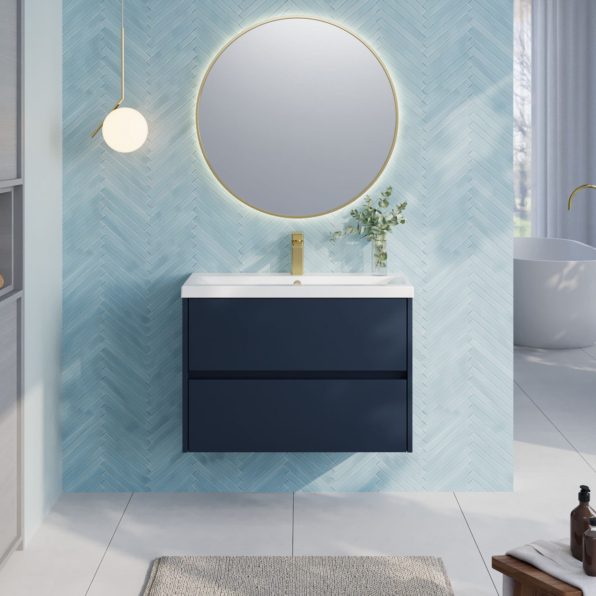 Nuie Havana 800mm 2 Drawer Wall Hung Unit & Mid-Edge Basin – Midnight Blue