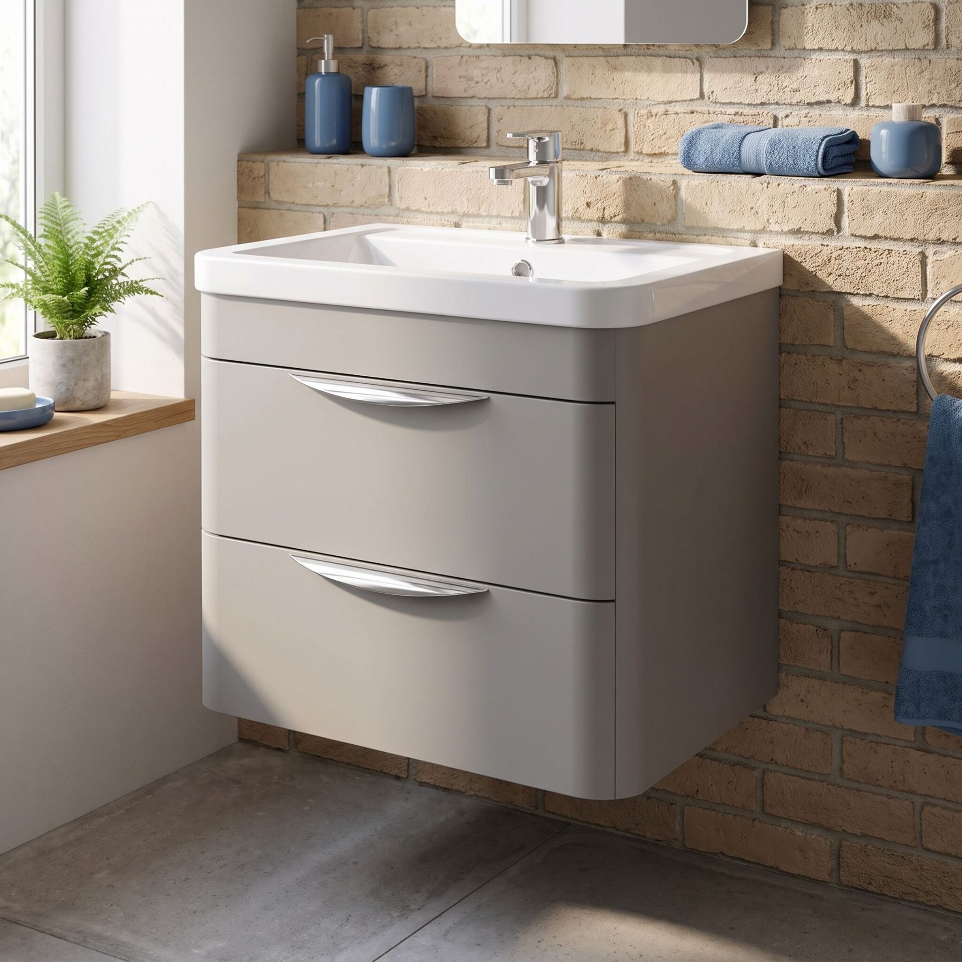 Nuie Parade 600mm 2 Drawer Wall Hung Vanity Unit & Ceramic Basin – Pebble Grey