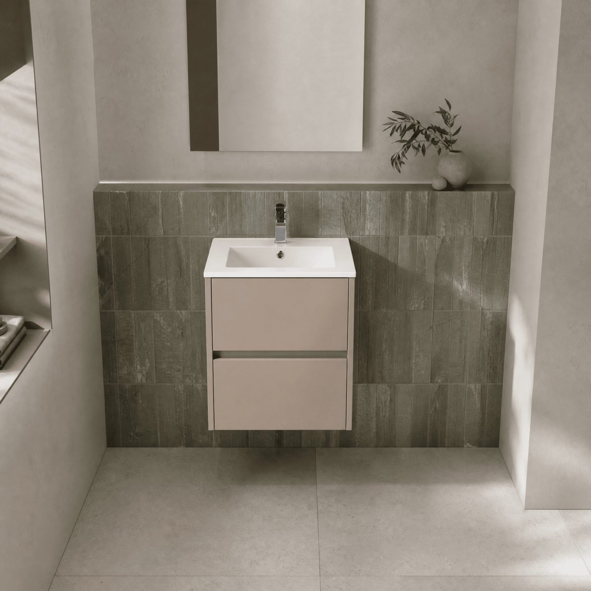 Nuie Havana 500mm 2 Drawer Wall Hung Unit & Minimalist Basin – Soft Linen
