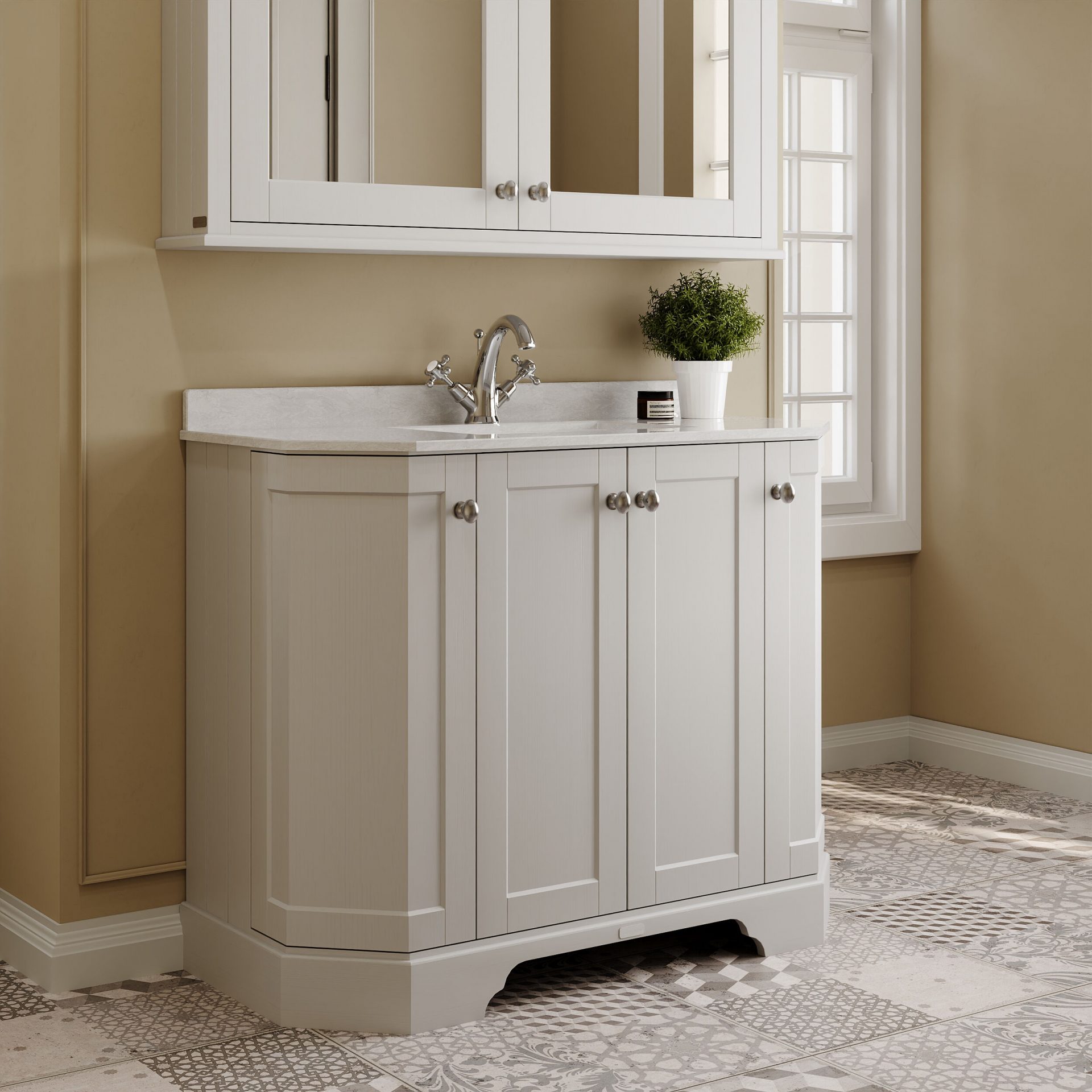 Old London 1000mm 4 Door Floor Standing Angled Vanity Unit & White Marble Basin – Timeless Sand