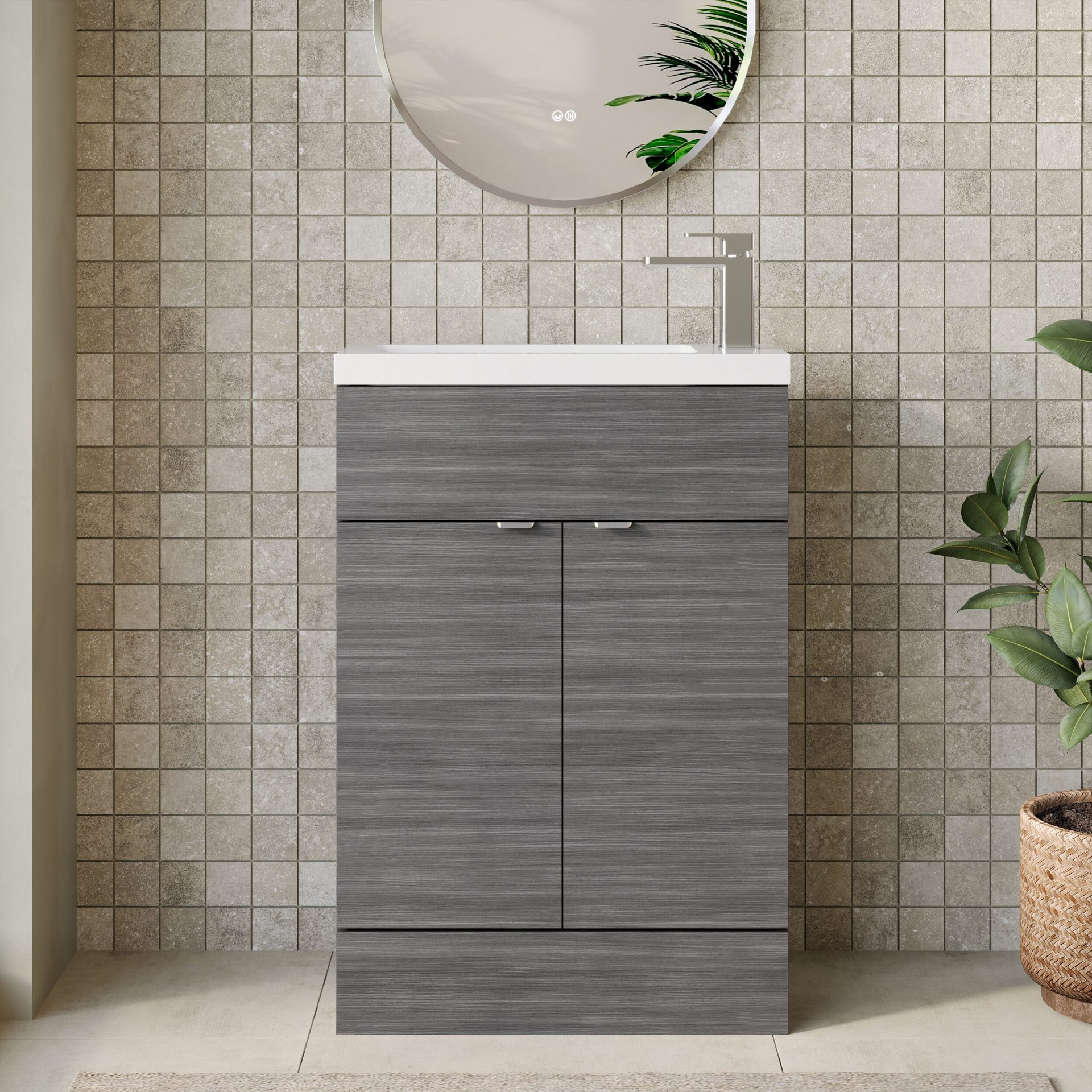 Hudson Reed Fusion Slimline 600mm 2 Door Floor Standing Vanity Unit – Anthracite Woodgrain