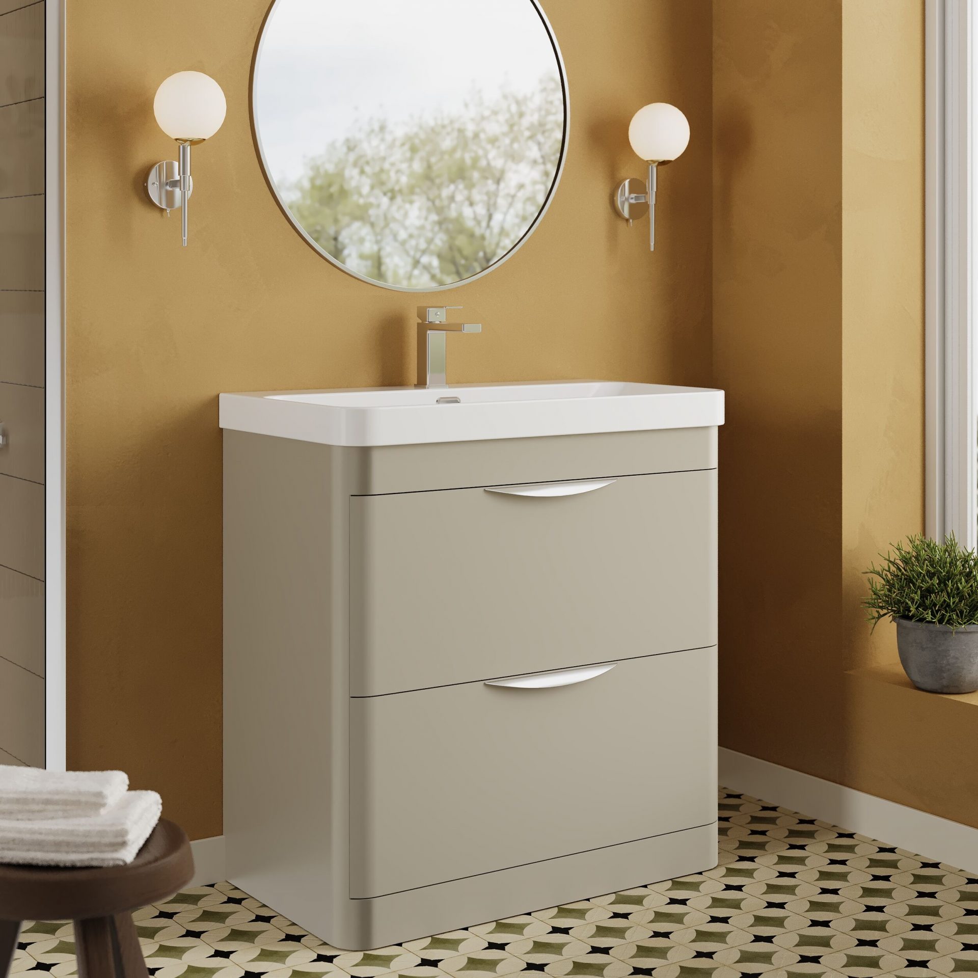 Nuie Parade 800mm 2 Drawer Floorstanding Vanity Unit & Thin-Edge Ceramic Basin – Pebble Grey