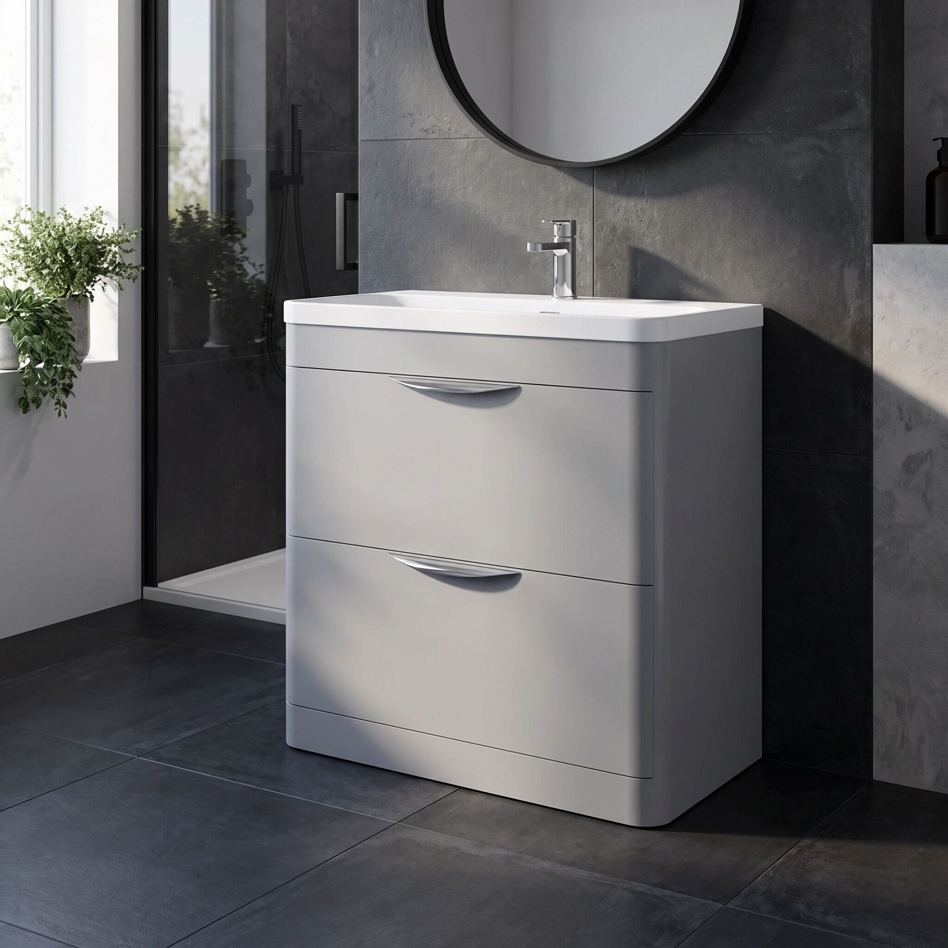 Nuie Parade 800mm 2 Drawer Floorstanding Vanity Unit & Thin-Edge Ceramic Basin – Satin Grey