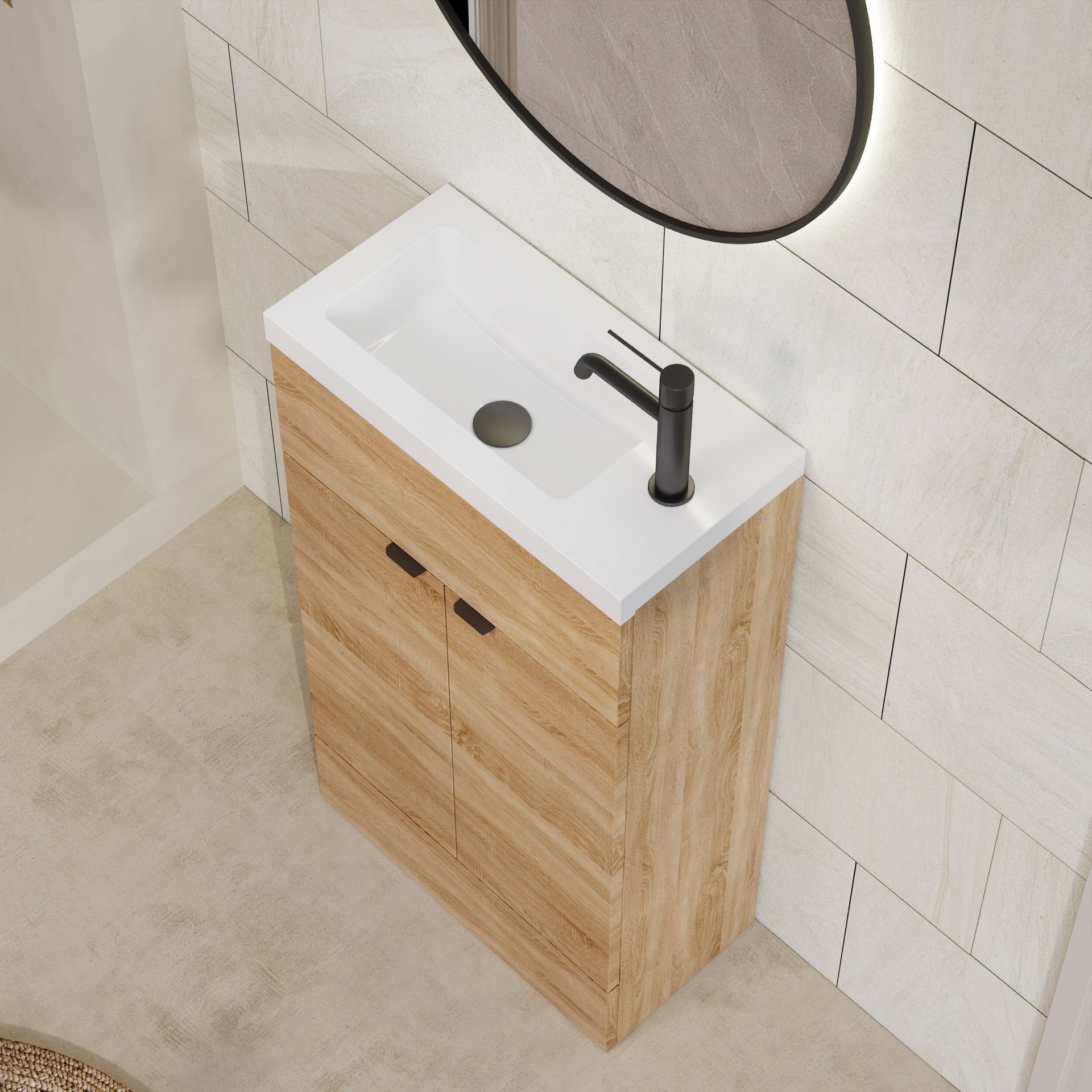 Hudson Reed Fusion Slimline 500mm 2 Door Floor Standing Vanity Unit – Bleached Oak