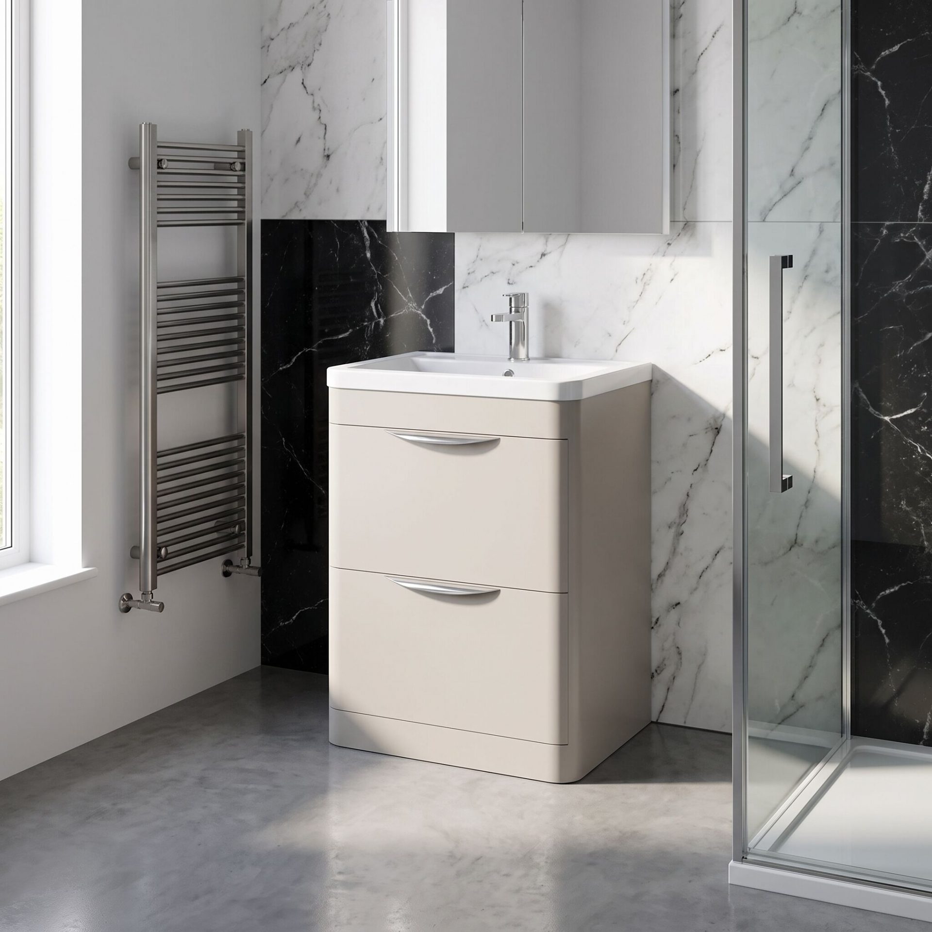 Nuie Parade 600mm 2 Drawer Floorstanding Vanity Unit & Ceramic Basin – Pebble Grey
