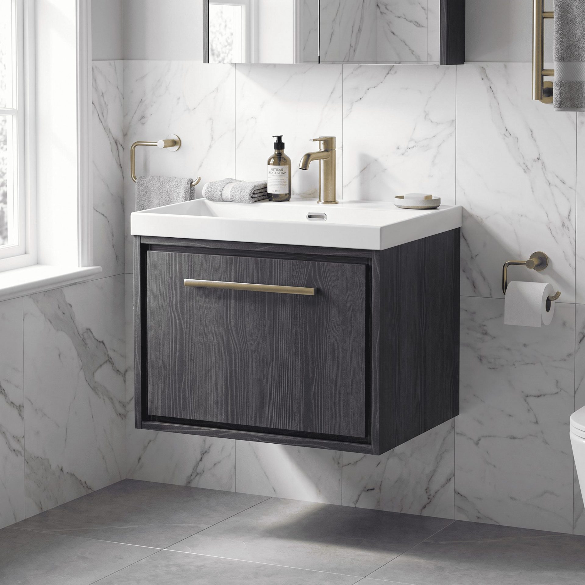 Hudson Reed Lille 600mm 1 Drawer Wall Hung Vanity Unit & Thin-Edge Basin – Graphite Grey