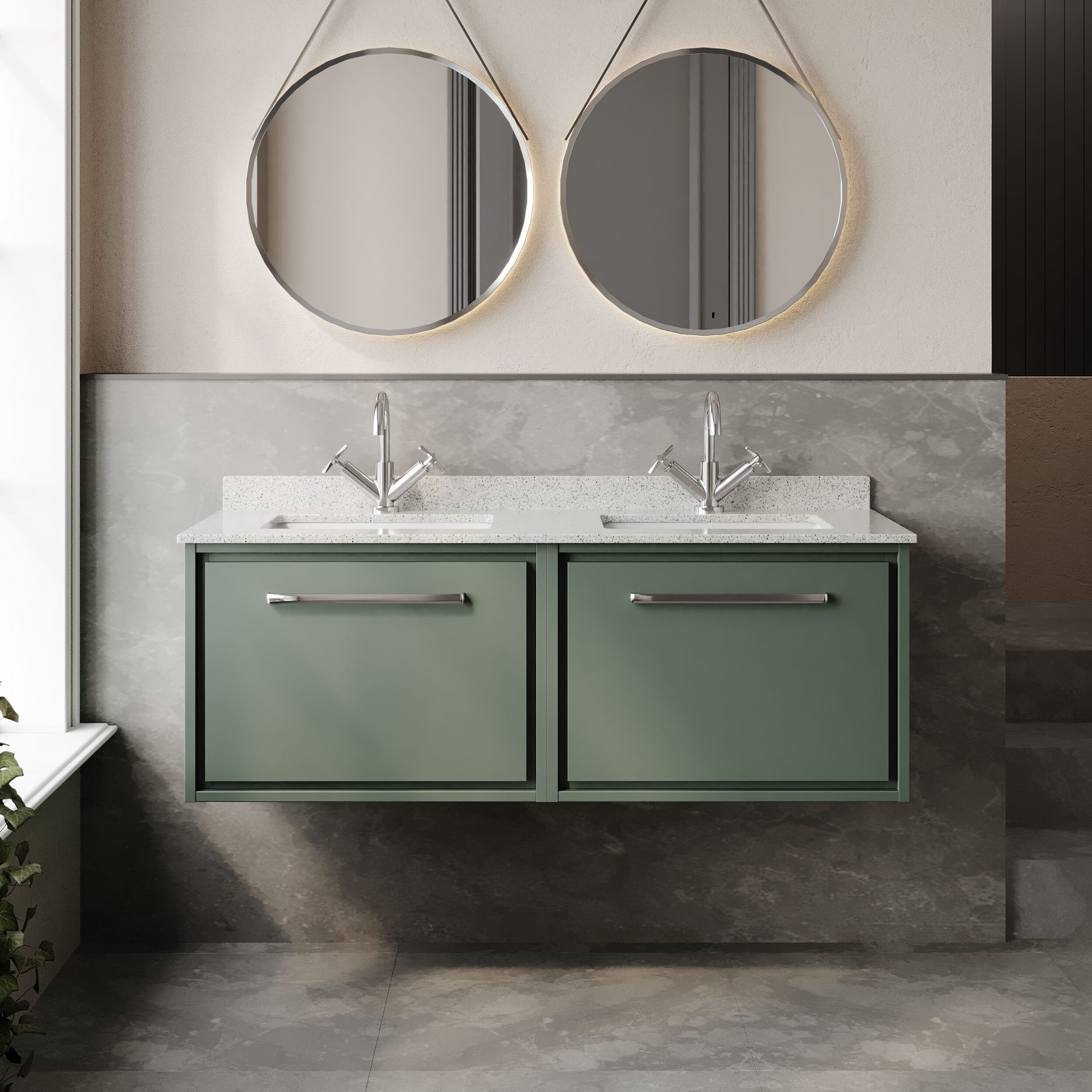 Hudson Reed Lille 1200mm 2 Drawer Wall Hung Vanity Unit & Double Basin – Fern Green