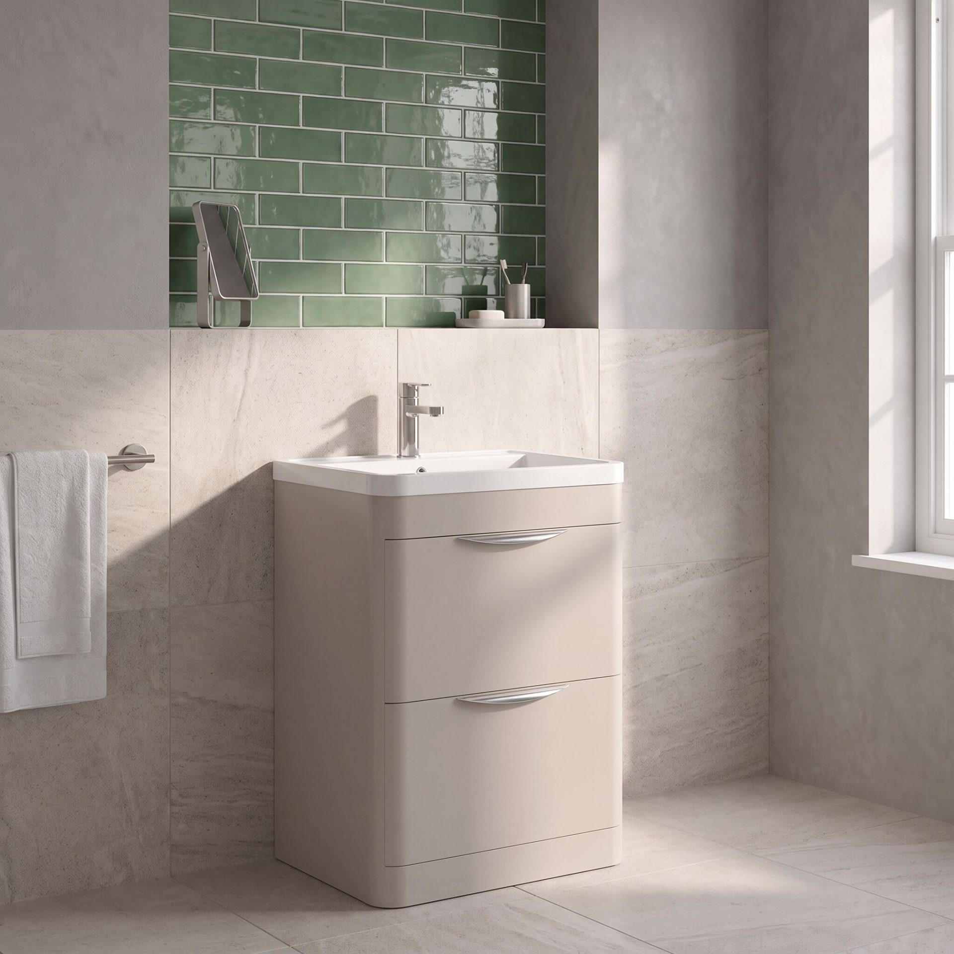 Nuie Parade 600mm 2 Drawer Floorstanding Vanity Unit & Polymarble Basin – Pebble Grey