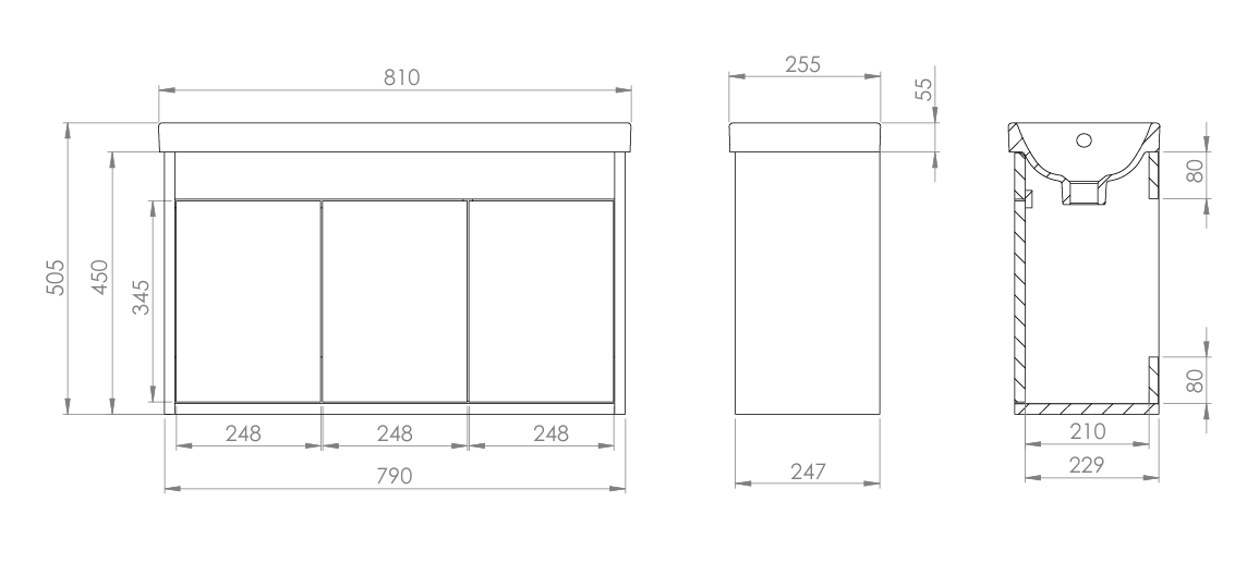 R2 Klein 800mm 3 Door Wall Mounted Vanity Unit & Basin – Gloss White