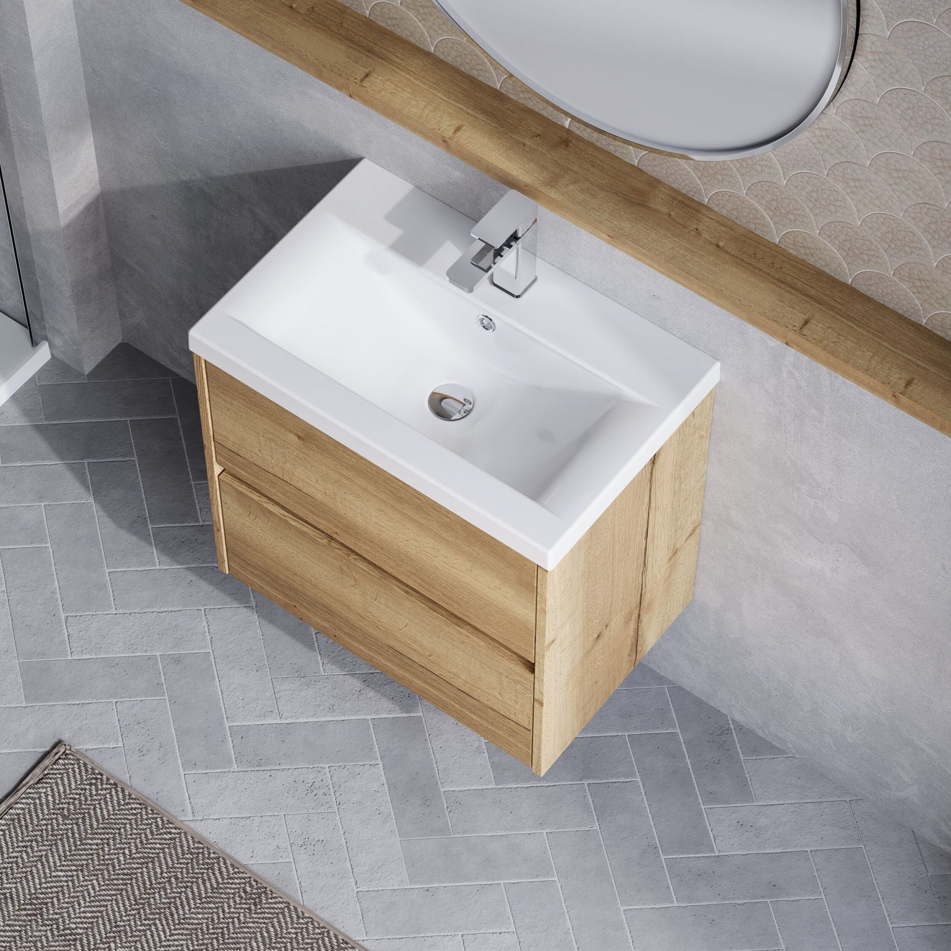 Nuie Havana 600mm 2 Drawer Wall Hung Unit & Mid Edge Basin – Autumn Oak