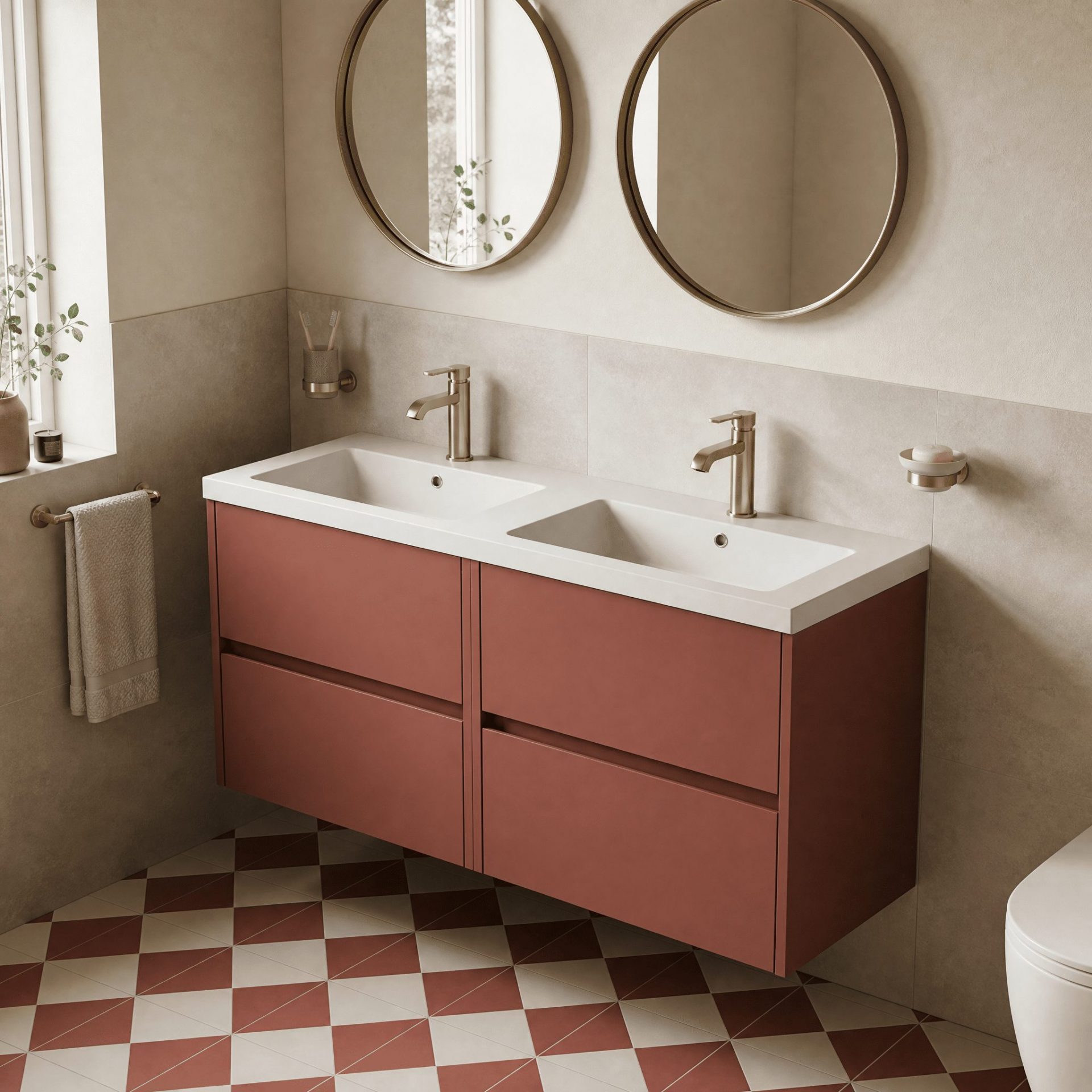 Nuie Havana 1200mm 4 Drawer Wall Hung Unit & Twin Polymarble Basin – Smoked Red