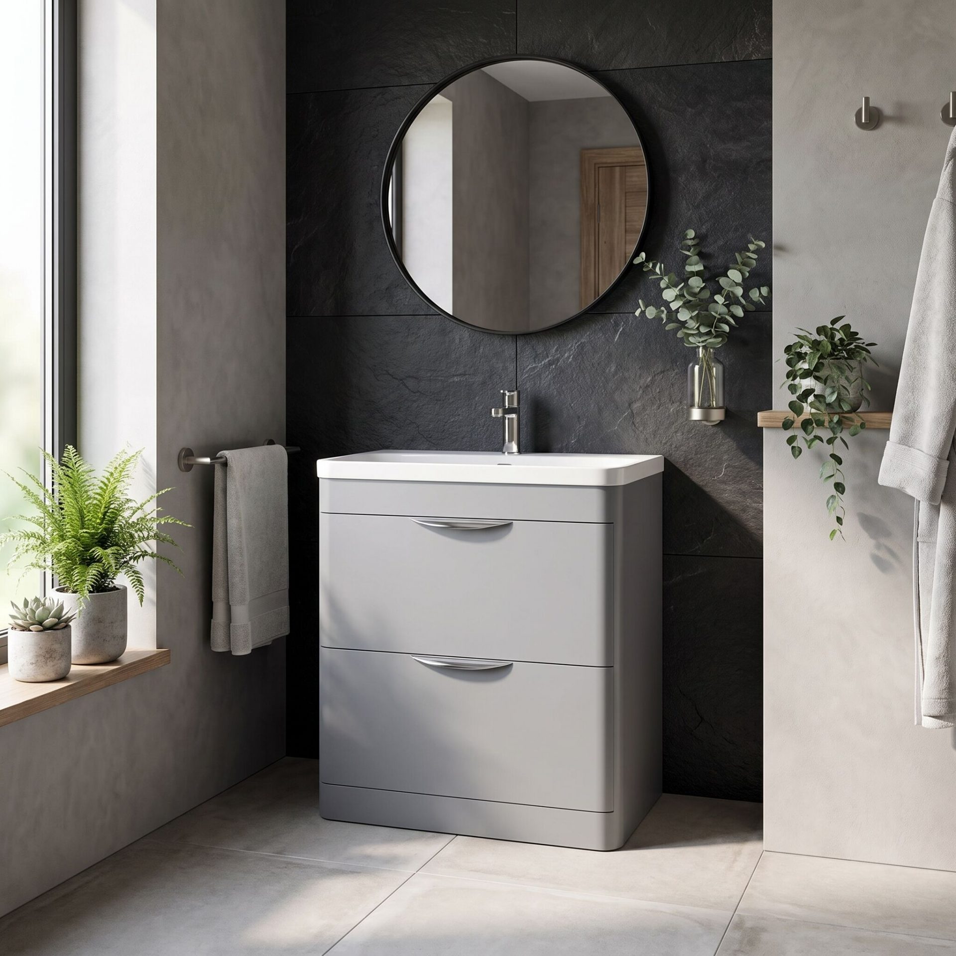 Nuie Parade 800mm 2 Drawer Floorstanding Vanity Unit & Thin-Edge Ceramic Basin – Satin Grey