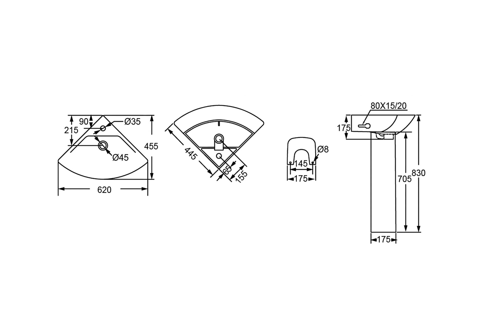 Eastbrook Westmere 1 Tap Hole Corner Basin & Full Pedestal