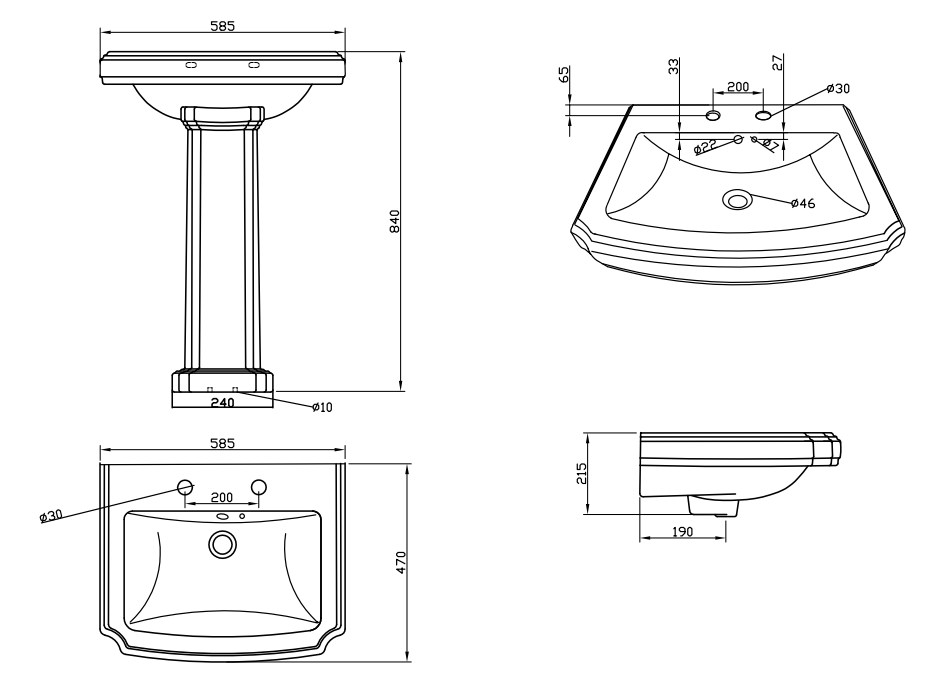 Eastbrook Ashcombe 585mm 2 Tap Hole Basin & Full Pedestal