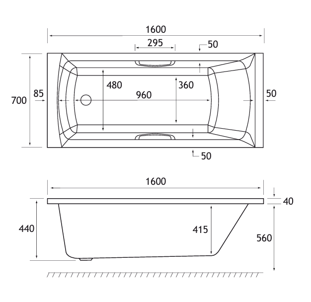 Eastbrook Ultra Strong Beauforte Rockall Single Ended Twin Grip Bath 1600x700mm