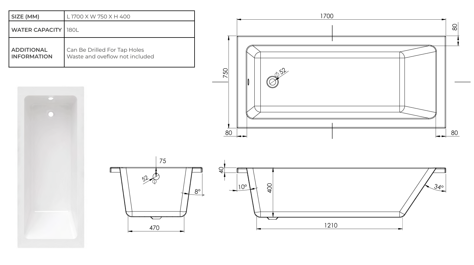 MyStyle Esker 1700mm Single Ended Bath