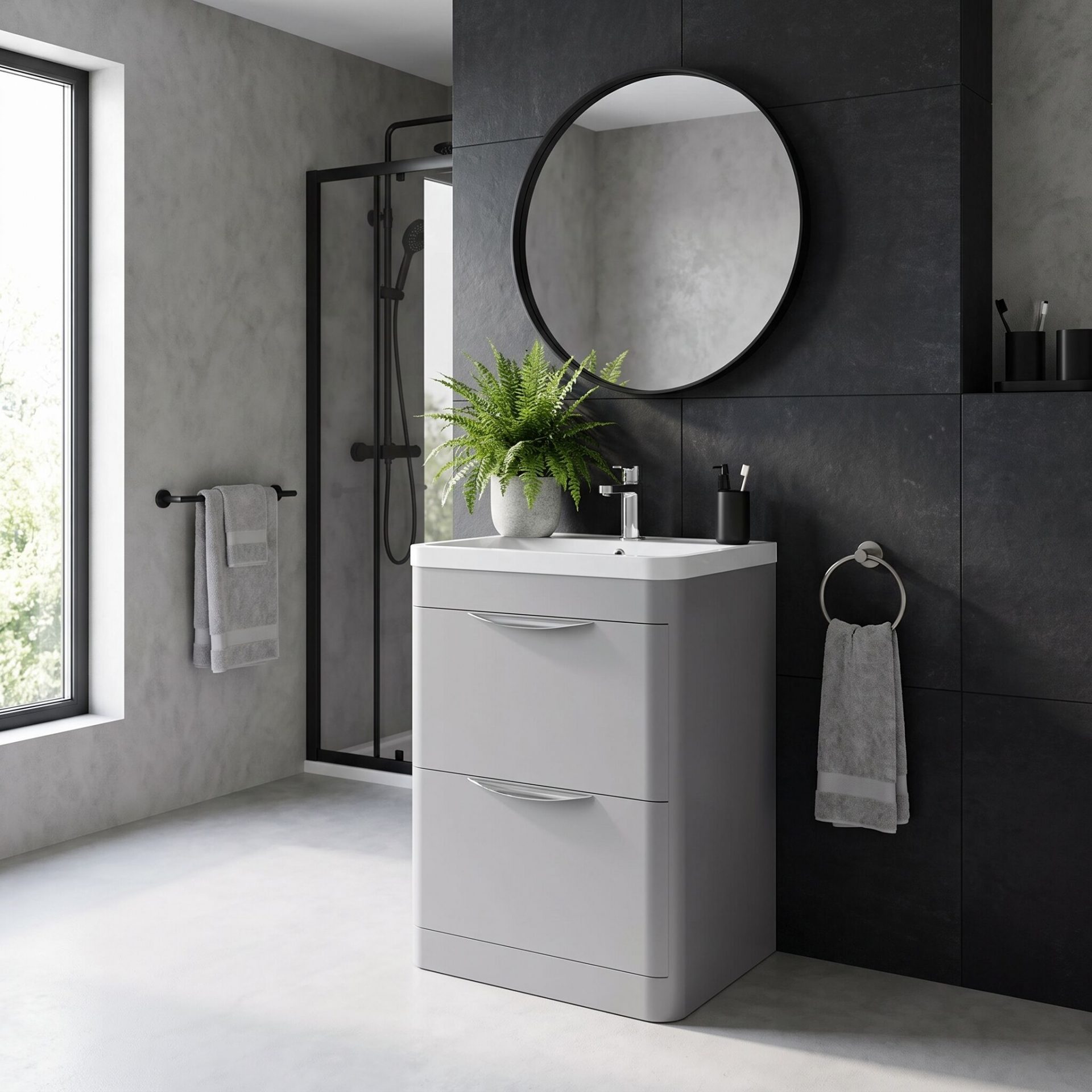 Nuie Parade 600mm 2 Drawer Floorstanding Vanity Unit & Polymarble Basin – Satin Grey