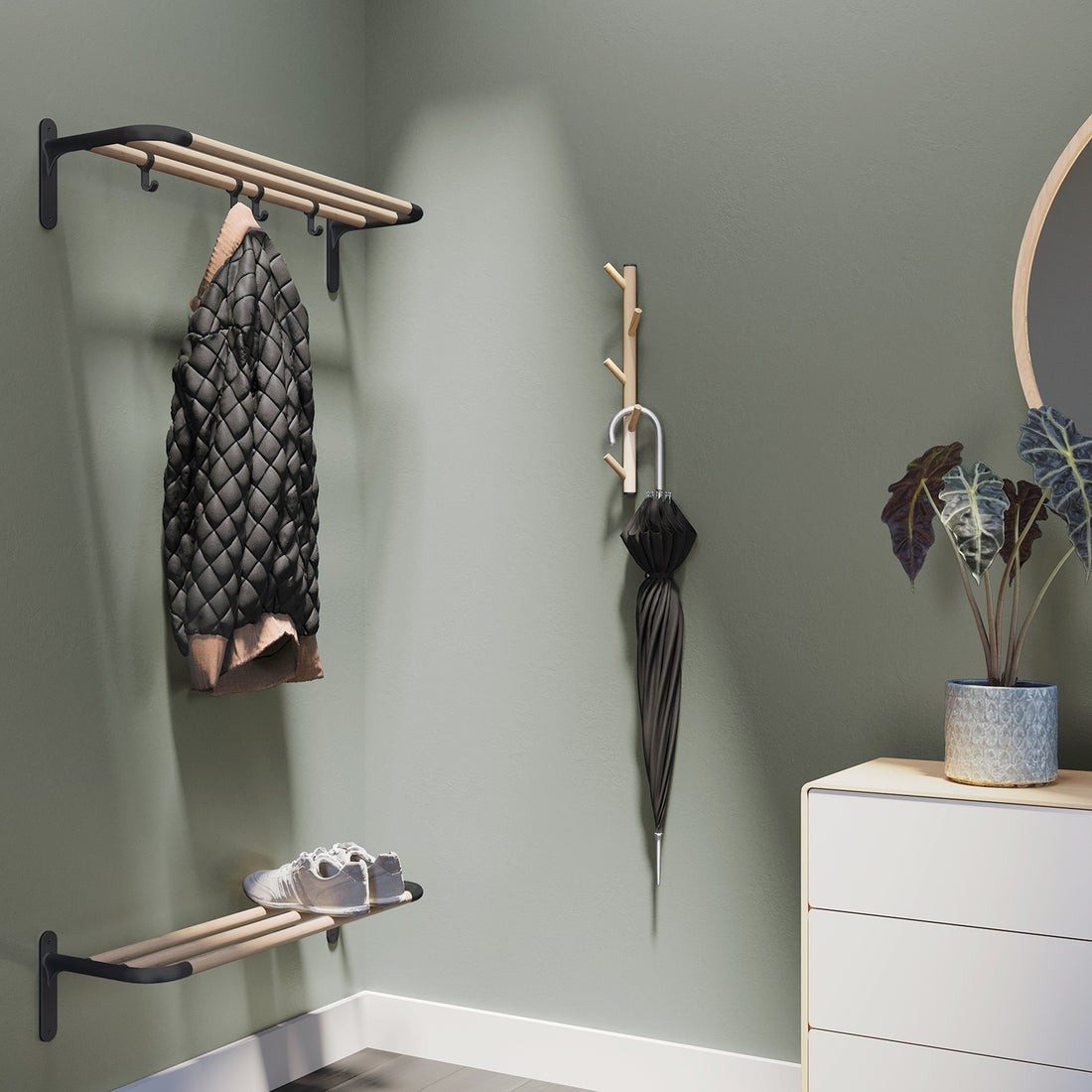 Smedbo Beslagsboden Vertical Coat Rack, 5 Hooks – Black and Beech