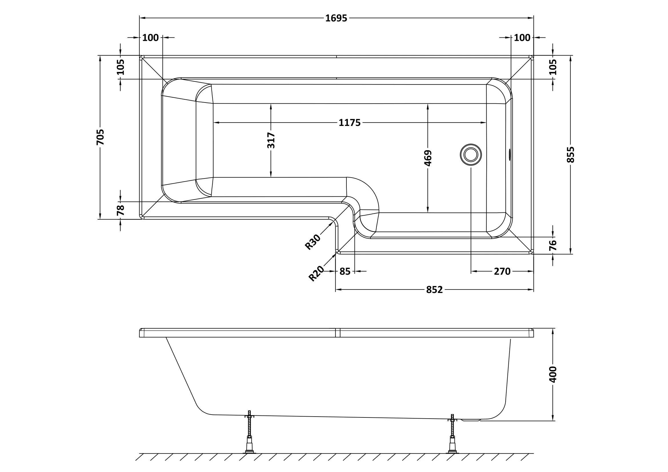 Nuie 1700mm L-Shaped Right-Hand 8 Jet Whirlpool Bath
