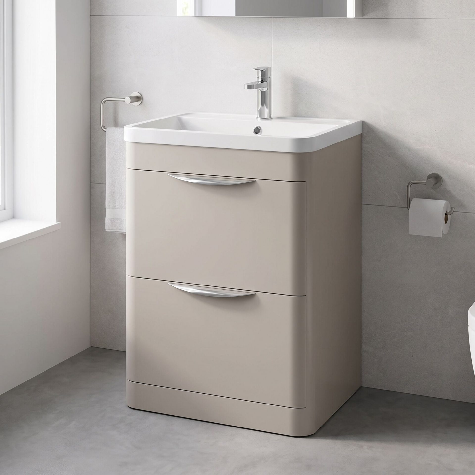 Nuie Parade 600mm 2 Drawer Floorstanding Vanity Unit & Polymarble Basin – Pebble Grey