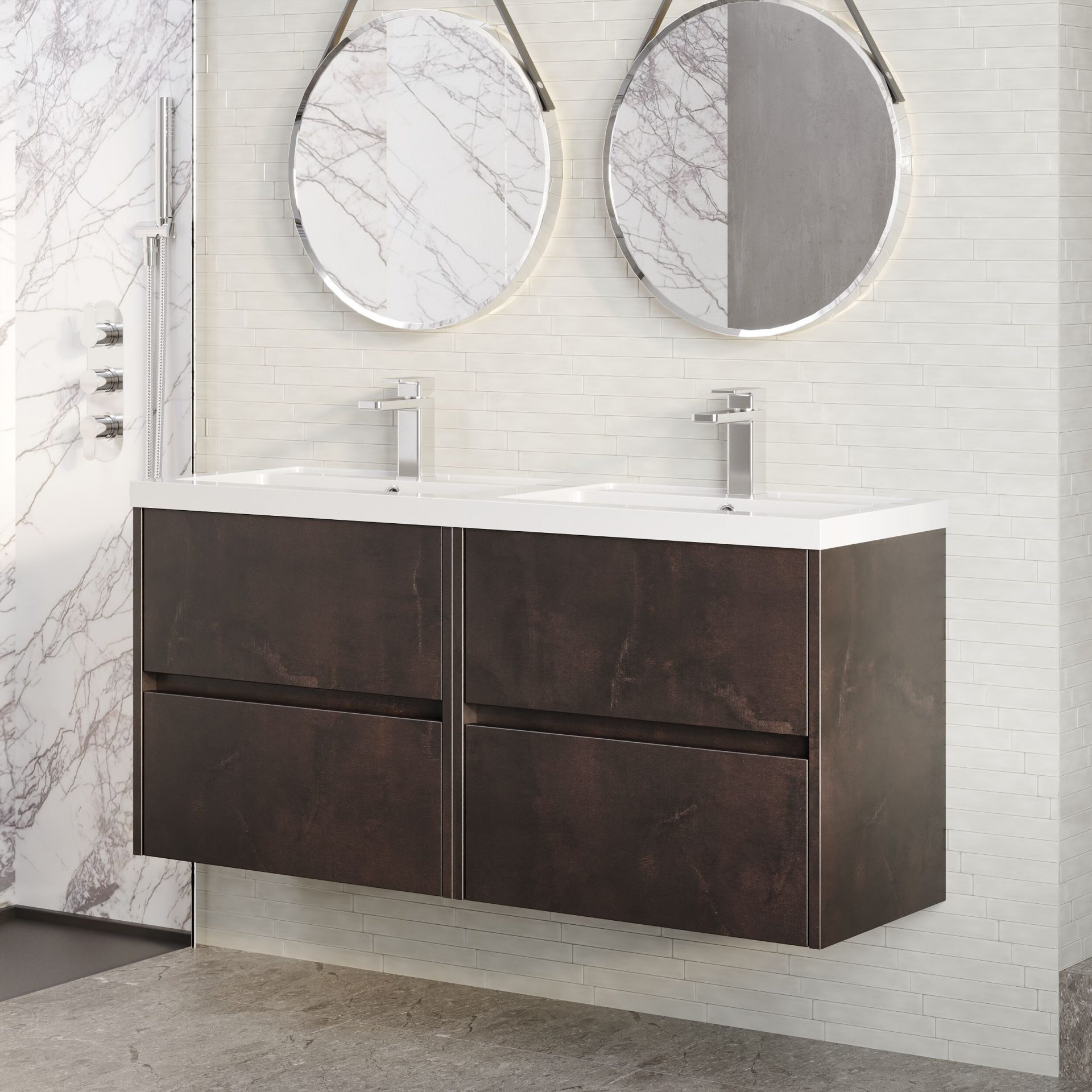 Nuie Havana 1200mm 4 Drawer Wall Hung Unit & Twin Polymarble Basin – Metallic Slate