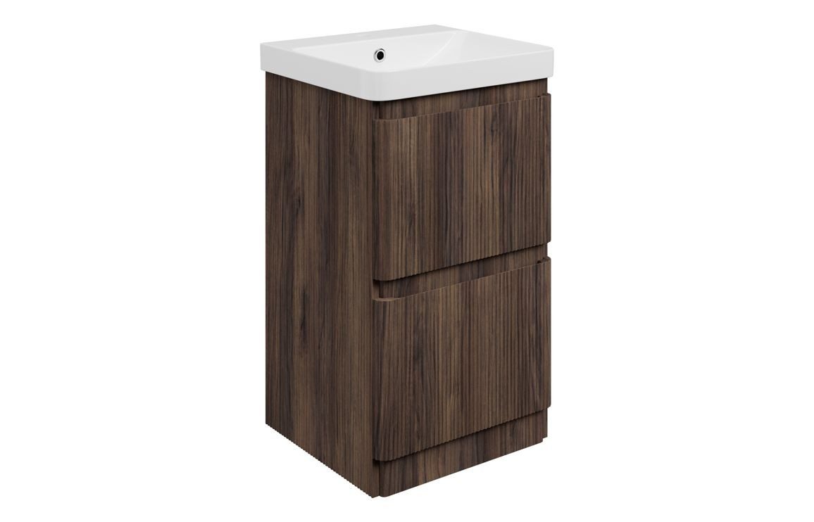 MyBathrooms Clara Fluted 500mm 2 Drawer Floorstanding Unit & 1TH Basin – Textured Walnut