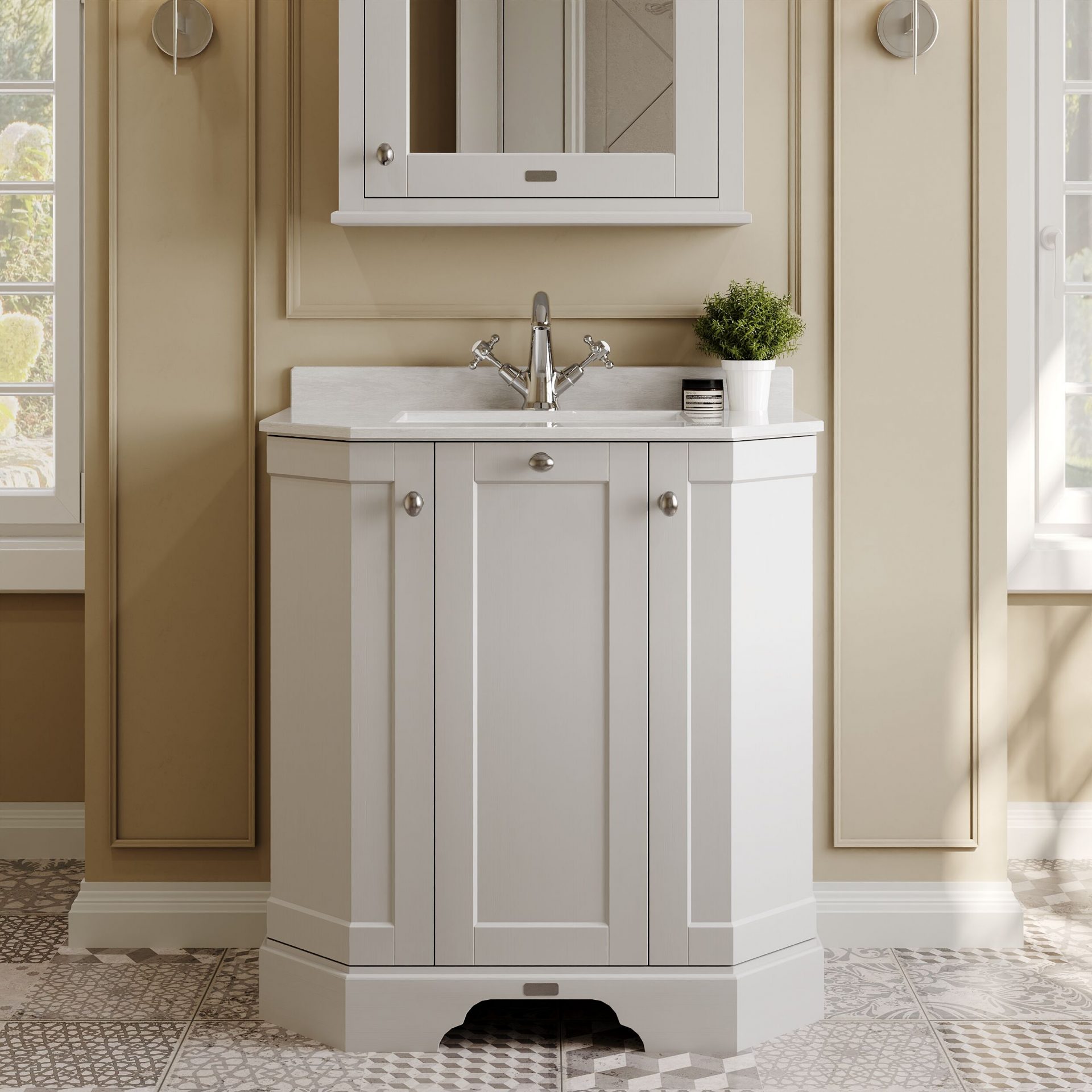 Old London 750mm 3 Door Floor Standing Angled Vanity Unit & White Marble Basin – Timeless Sand