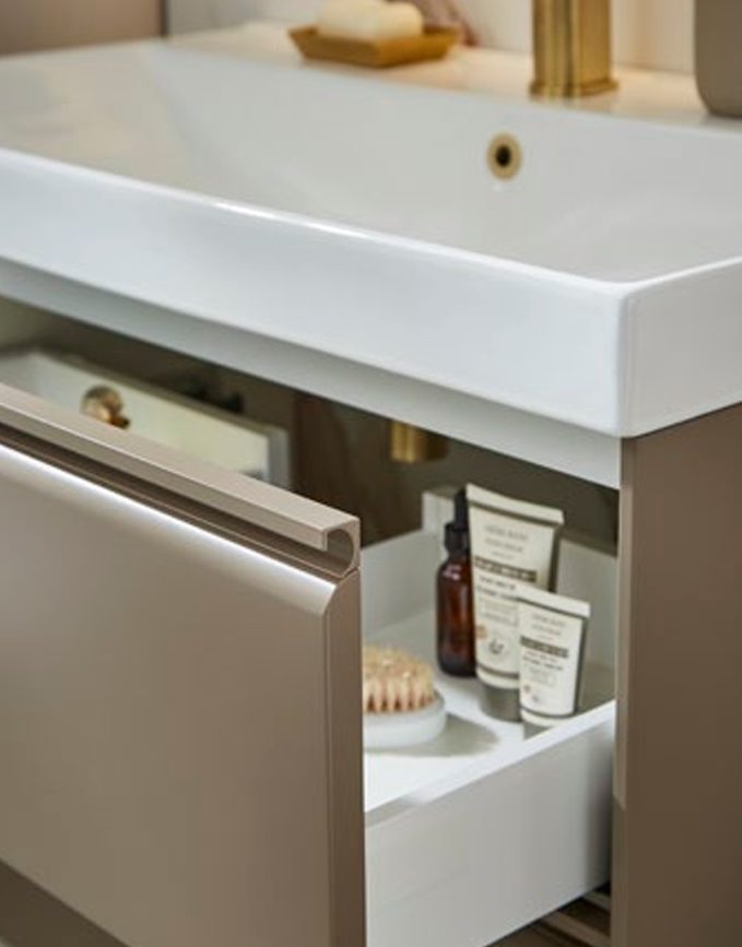 Kartell Moon 500mm 2 Drawer Wall Mounted Unit & Ceramic Basin – Matt Cocoa