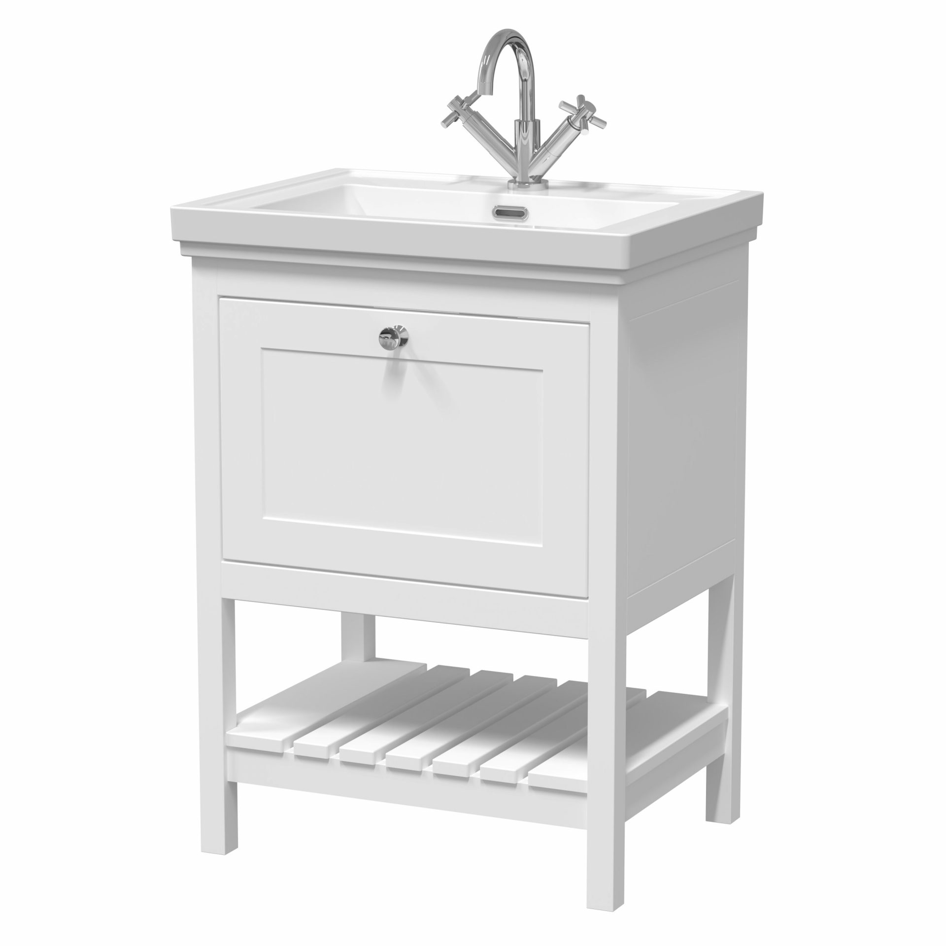 Old London Bexley 600mm 1 Drawer Floor Standing Vanity Unit & Basin – Pure White